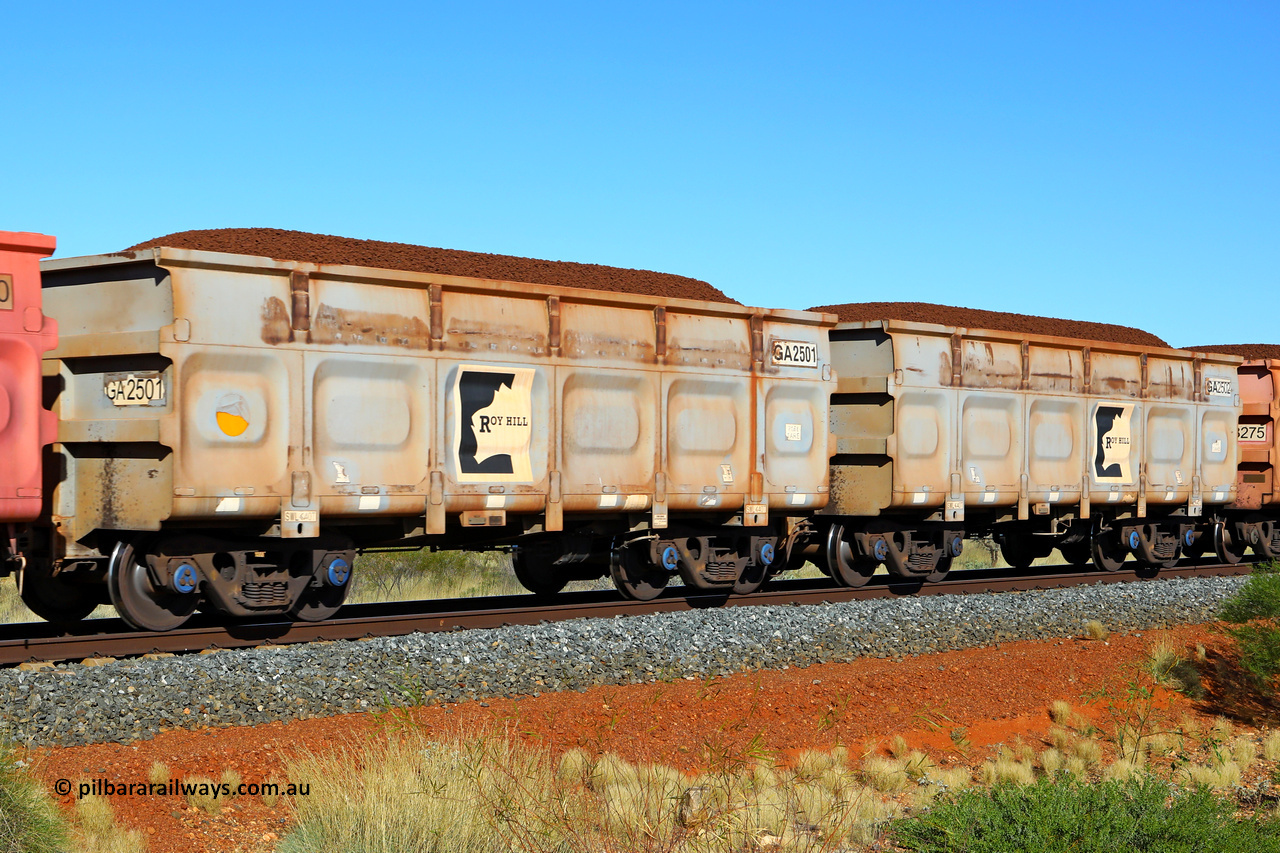 250501 0335
At the 88.448 km, just south of HPPL crossing loop on the Roy Hill line, loaded Roy Hill waggon pair GA 2501 - GA 2502, built in China by CSR Yangtze as an CCK138 model ore waggon. May 1, 2025.
Keywords: GA-type;GA2501-GA2502;CSR-Yangtze;CCK138;