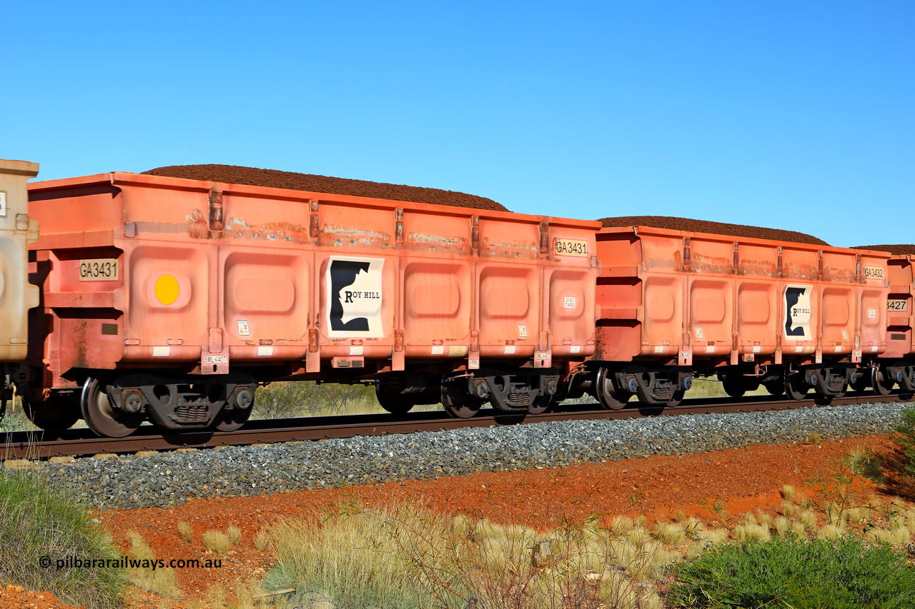 250501 0341
At the 88.448 km, just south of HPPL crossing loop on the Roy Hill line, loaded Roy Hill waggon pair GA 3431 - GA 3432, built in China by CSR Yangtze as an CCK138 model ore waggon in Breast Cancer Awareness pink livery. May 1, 2025.
Keywords: GA-type;GA3431-GA3432;CSR-Yangtze;CCK138;