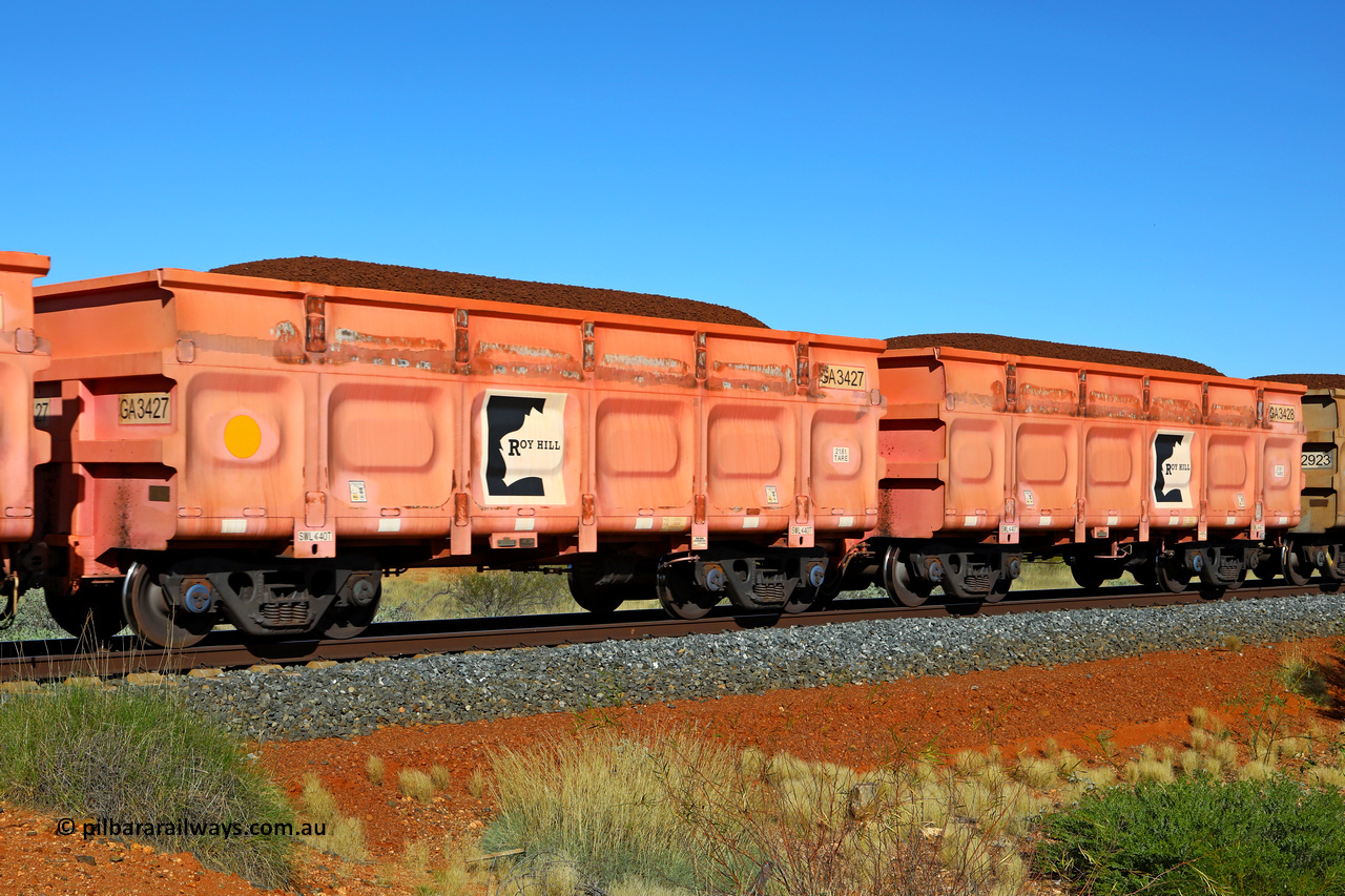 250501 0342
At the 88.448 km, just south of HPPL crossing loop on the Roy Hill line, loaded Roy Hill waggon pair GA 3427 - GA 3428, built in China by CRRC Yangtze as an CCK138 model ore waggon in Breast Cancer Awareness pink livery. May 1, 2025.
Keywords: GA-type;GA3427-GA3428;CRRC-Yangtze;CCK138;