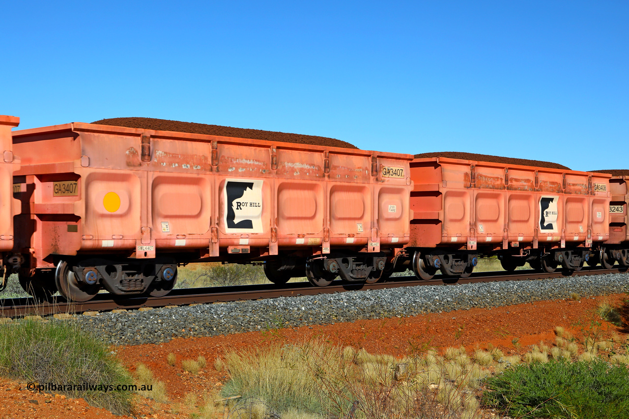 250501 0345
At the 88.448 km, just south of HPPL crossing loop on the Roy Hill line, loaded Roy Hill waggon pair GA 3407 - GA 3408, built in China by CSR Yangtze as an CCK138 model ore waggon in Breast Cancer Awareness pink livery. May 1, 2025.
Keywords: GA-type;GA3407-GA3408;CSR-Yangtze;CCK138;