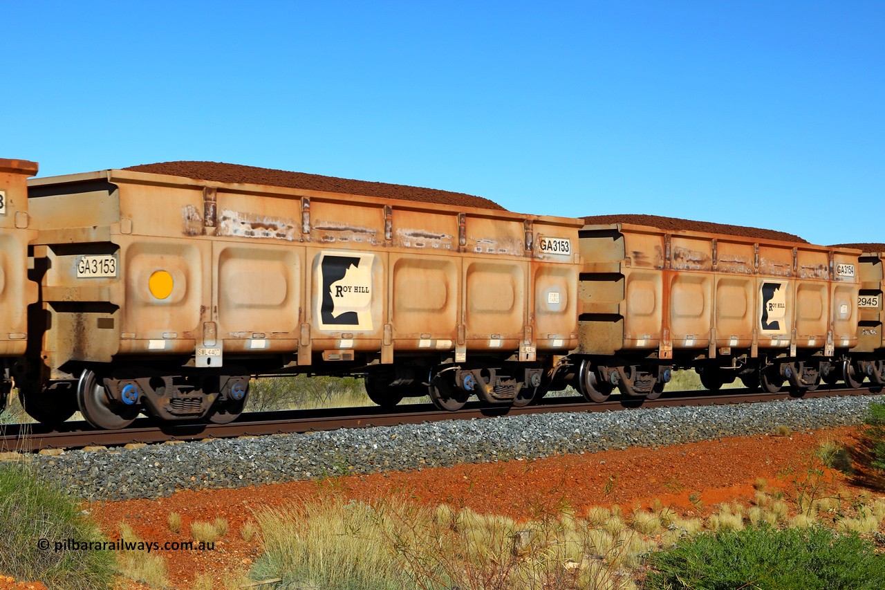 250501 0354
At the 88.448 km, just south of HPPL crossing loop on the Roy Hill line, loaded Roy Hill waggon pair GA 3153 - GA 3154, built in China by CSR Yangtze as an CCK138 model ore waggon. May 1, 2025.
Keywords: GA-type;GA3153-GA3154;CSR-Yangtze;CCK138;