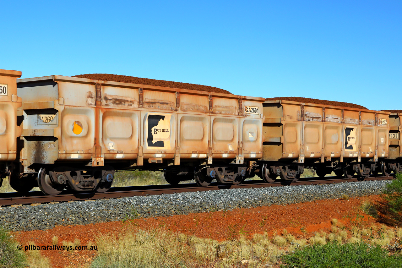 250501 0360
At the 88.448 km, just south of HPPL crossing loop on the Roy Hill line, loaded Roy Hill waggon pair GA 2601 - GA 2602, built in China by CSR Yangtze as an CCK138 model ore waggon. May 1, 2025.
Keywords: GA-type;GA2601-GA2602;CSR-Yangtze;CCK138;