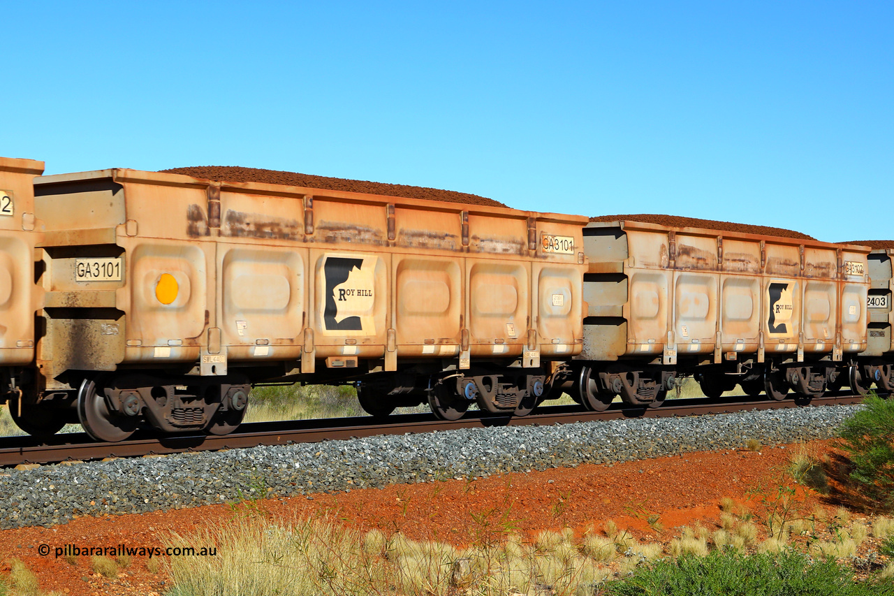 250501 0361
At the 88.448 km, just south of HPPL crossing loop on the Roy Hill line, loaded Roy Hill waggon pair GA 3101 - GA 3102, built in China by CSR Yangtze as an CCK138 model ore waggon. May 1, 2025.
Keywords: GA-type;GA3101-GA3102;CSR-Yangtze;CCK138;