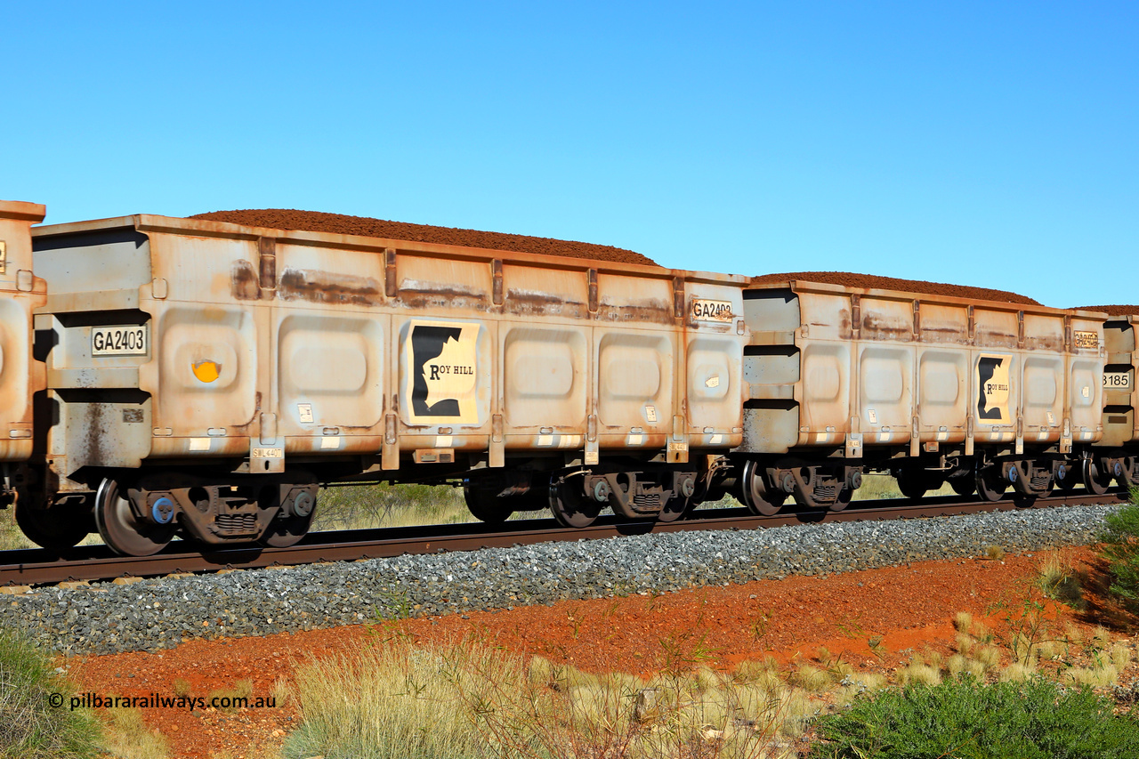 250501 0362
At the 88.448 km, just south of HPPL crossing loop on the Roy Hill line, loaded Roy Hill waggon pair GA 2403 - GA 2404, built in China by CSR Yangtze as an CCK138 model ore waggon. May 1, 2025.
Keywords: GA-type;GA2403-GA2404;CSR-Yangtze;CCK138;