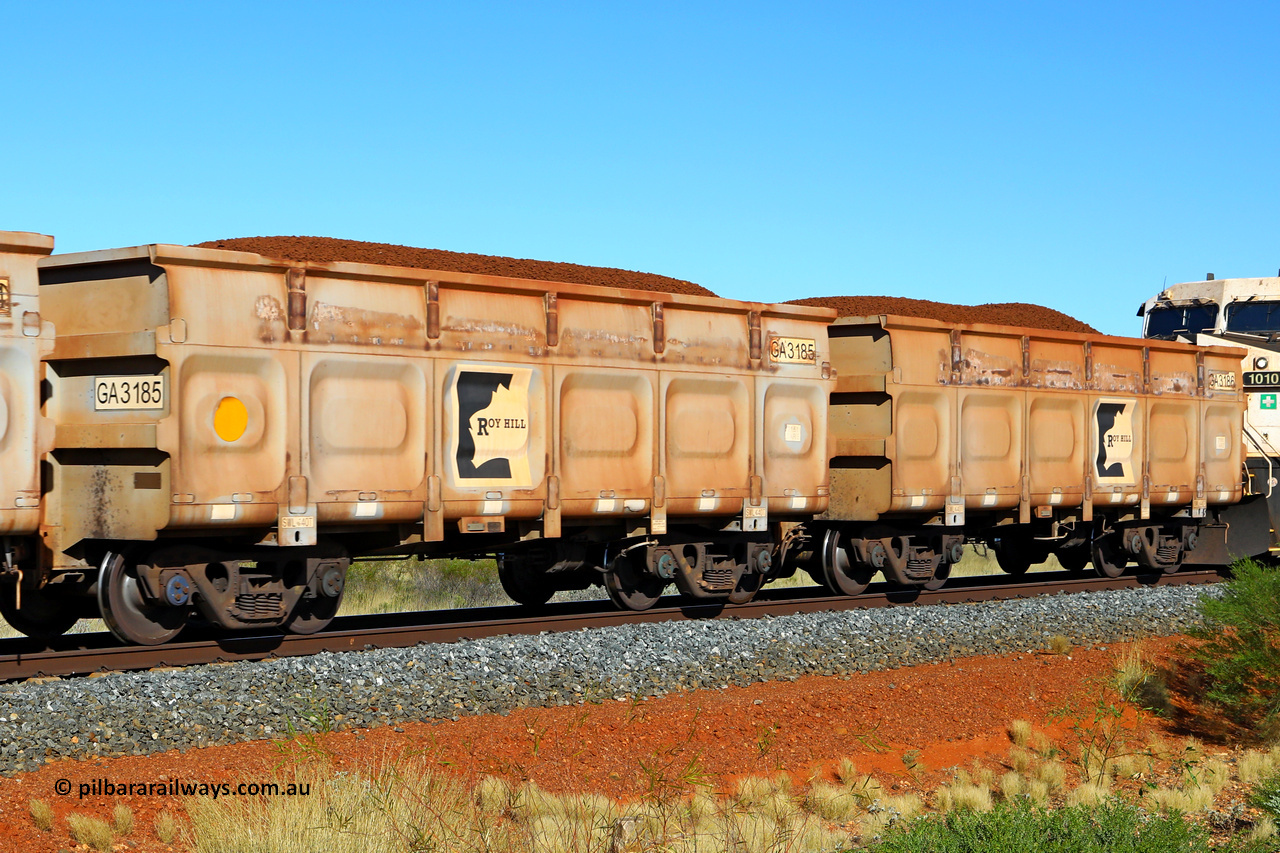 250501 0363
At the 88.448 km, just south of HPPL crossing loop on the Roy Hill line, loaded Roy Hill waggon pair GA 3185 - GA 3186, built in China by CSR Yangtze as an CCK138 model ore waggon. May 1, 2025.
Keywords: GA-type;GA3185-GA3186;CSR-Yangtze;CCK138;