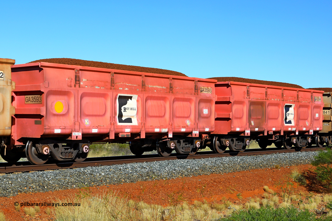 250501 0369
At the 88.448 km, just south of HPPL crossing loop on the Roy Hill line, loaded Roy Hill waggon pair GA 3593 - GA 3594, built in China by CRRC Yangtze as an CCK138 model ore waggon in Breast Cancer Awareness pink livery. May 1, 2025.
Keywords: GA-type;GA3593-GA3594;CRRC-Yangtze;CCK138;