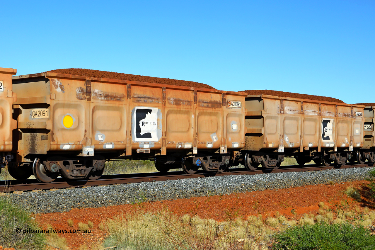 250501 0371
At the 88.448 km, just south of HPPL crossing loop on the Roy Hill line, loaded Roy Hill waggon pair GA 2091 - GA 2092, built in China by CSR Yangtze as an CCK138 model ore waggon. May 1, 2025.
Keywords: GA-type;GA2091-GA2092;CSR-Yangtze;CCK138;