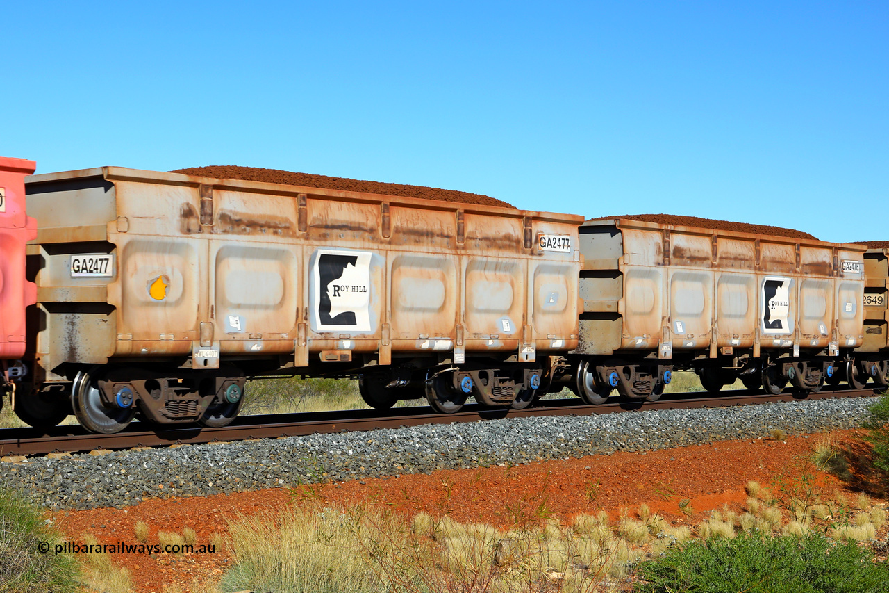 250501 0375
At the 88.448 km, just south of HPPL crossing loop on the Roy Hill line, loaded Roy Hill waggon pair GA 2477 - GA 2478, built in China by CSR Yangtze as an CCK138 model ore waggon. May 1, 2025.
Keywords: GA-type;GA2477-GA2478;CSR-Yangtze;CCK138;