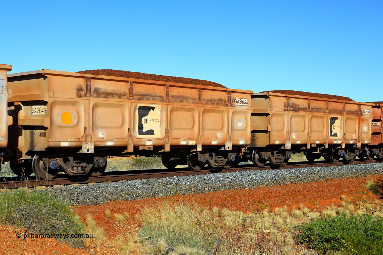 250501 0376
At the 88.448 km, just south of HPPL crossing loop on the Roy Hill line, loaded Roy Hill waggon pair GA 2649 - GA 2650, built in China by CSR Yangtze as an CCK138 model ore waggon. May 1, 2025.
Keywords: GA-type;GA2649-GA2650;CSR-Yangtze;CCK138;