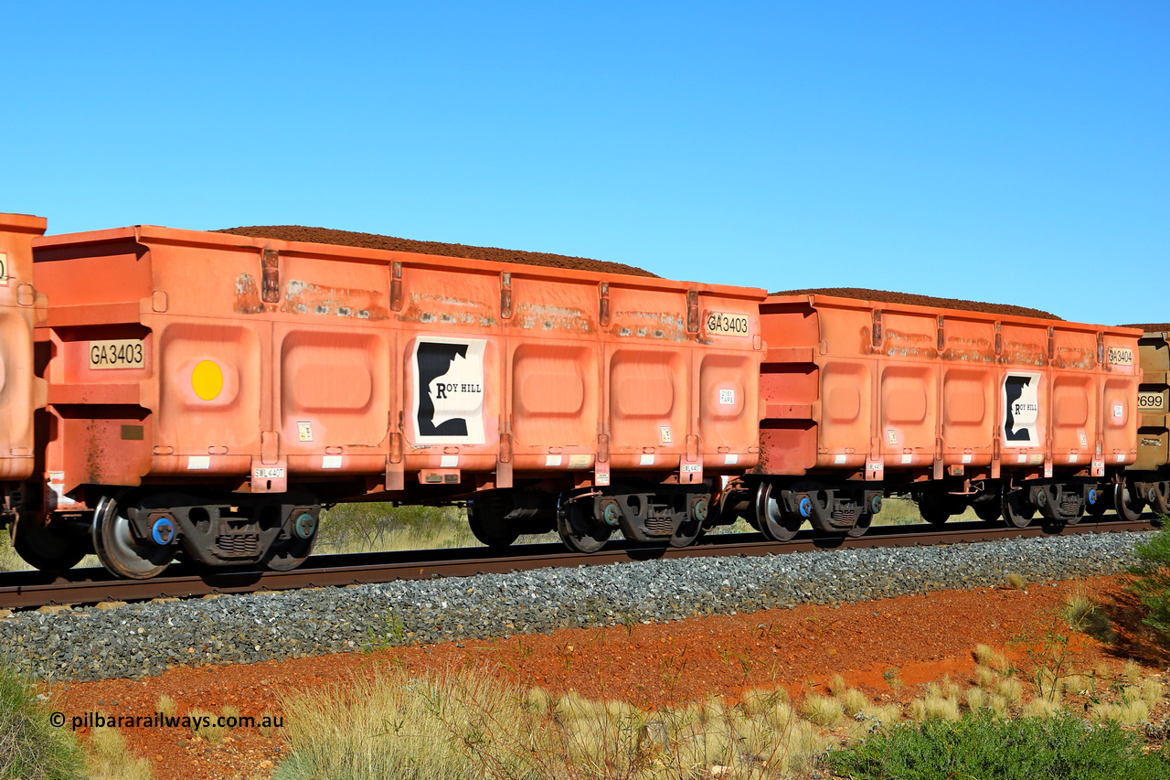 250501 0387
At the 88.448 km, just south of HPPL crossing loop on the Roy Hill line, loaded Roy Hill waggon pair GA 3403 - GA 3404, built in China by CRRC Yangtze as an CCK138 model ore waggon in Breast Cancer Awareness pink livery. May 1, 2025.
Keywords: GA-type;GA3403-GA3404;CRRC-Yangtze;CCK138;