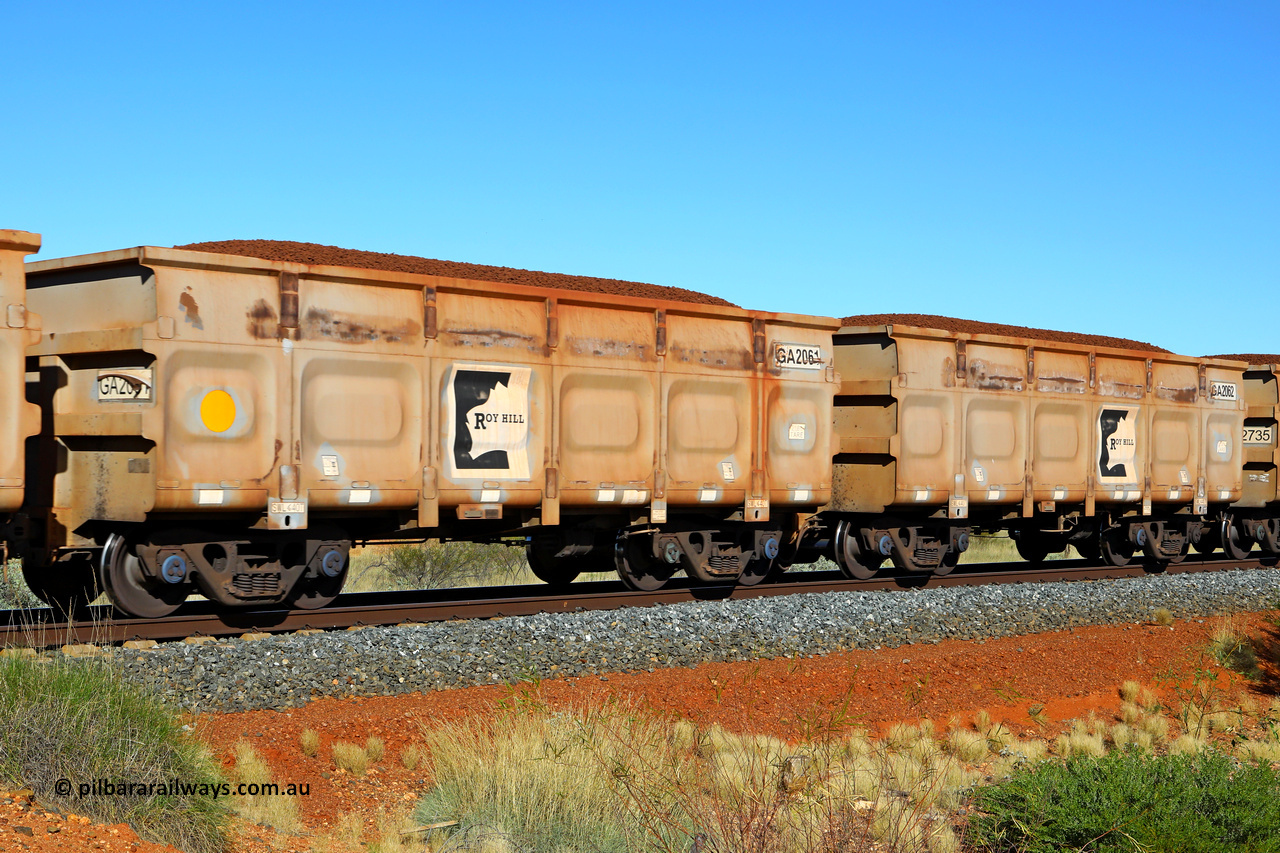 250501 0399
At the 88.448 km, just south of HPPL crossing loop on the Roy Hill line, loaded Roy Hill waggon pair GA 2061 - GA 2062, built in China by CSR Yangtze as an CCK138 model ore waggon. May 1, 2025.
Keywords: GA-type;GA2061-GA2062;CSR-Yangtze;CCK138;