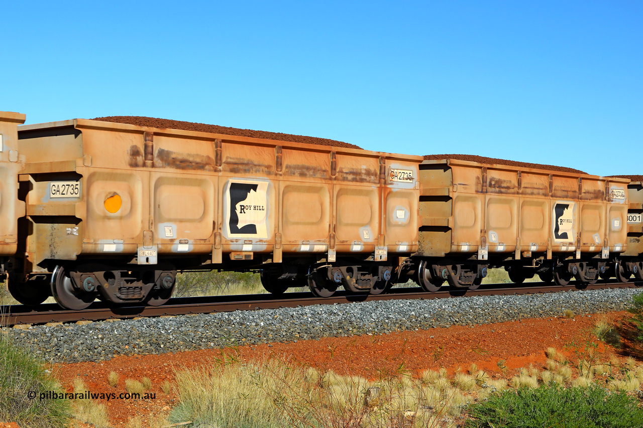 250501 0400
At the 88.448 km, just south of HPPL crossing loop on the Roy Hill line, loaded Roy Hill waggon pair GA 2735 - GA 2736, built in China by CSR Yangtze as an CCK138 model ore waggon. May 1, 2025.
Keywords: GA-type;GA2735-GA2736;CSR-Yangtze;CCK138;