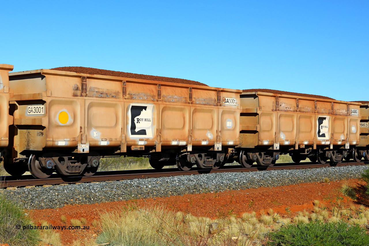 250501 0401
At the 88.448 km, just south of HPPL crossing loop on the Roy Hill line, loaded Roy Hill waggon pair GA 3001 - GA 3002, built in China by CSR Yangtze as an CCK138 model ore waggon. May 1, 2025.
Keywords: GA-type;GA3001-GA3002;CSR-Yangtze;CCK138;