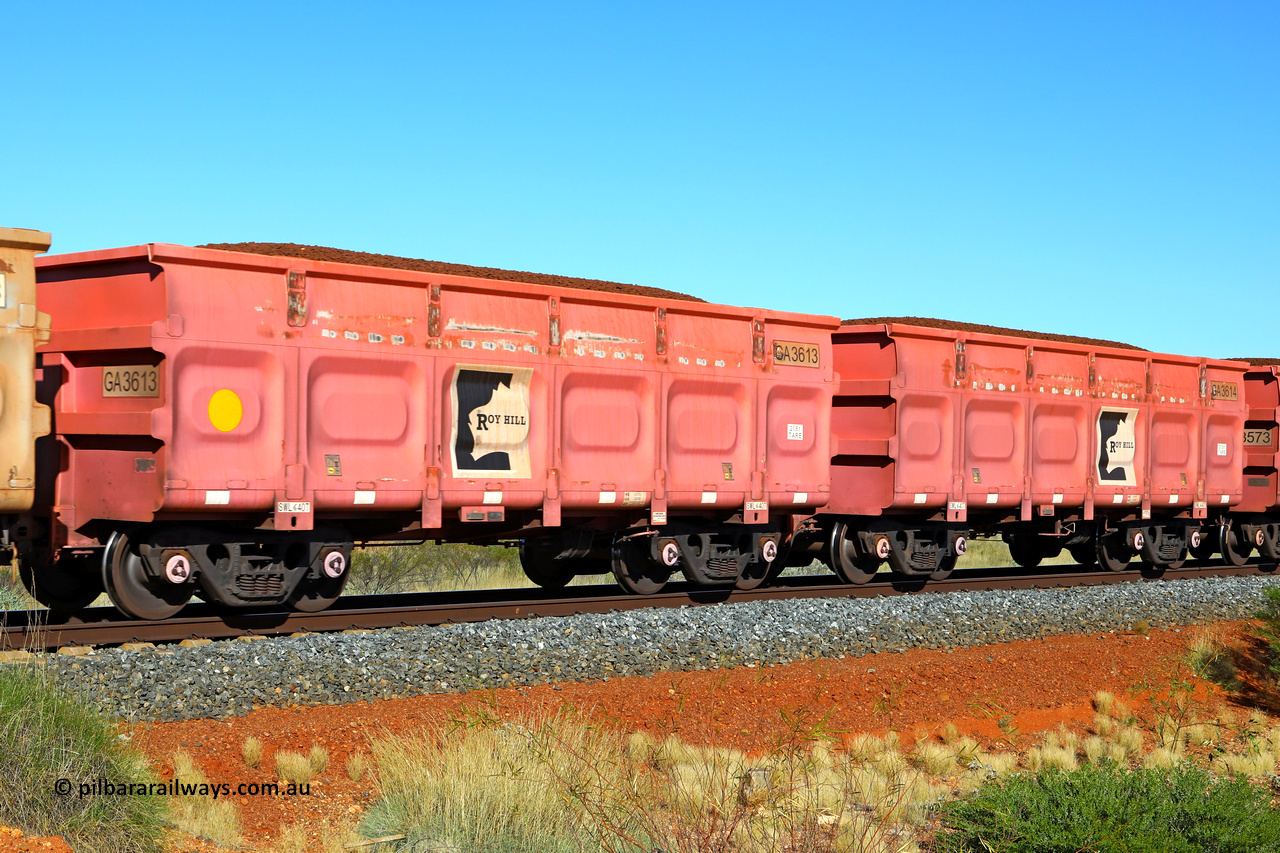 250501 0415
At the 88.448 km, just south of HPPL crossing loop on the Roy Hill line, loaded Roy Hill waggon pair GA 3613 - GA 3614, built in China by CRRC Yangtze as an CCK138 model ore waggon in Breast Cancer Awareness pink livery. May 1, 2025.
Keywords: GA-type;GA3613-GA3614;CRRC-Yangtze;CCK138