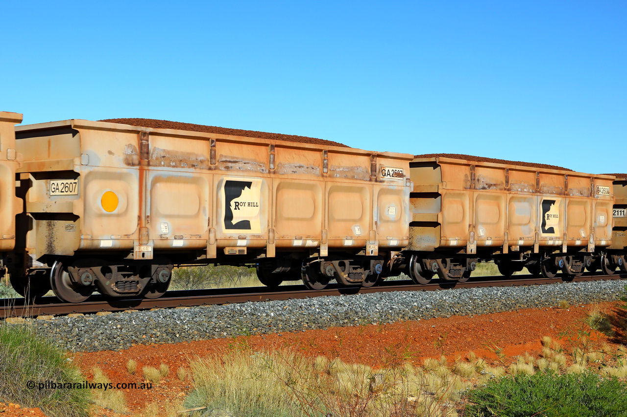 250501 0420
At the 88.448 km, just south of HPPL crossing loop on the Roy Hill line, loaded Roy Hill waggon pair GA 2607 - GA 2608, built in China by CSR Yangtze as an CCK138 model ore waggon. May 1, 2025.
Keywords: GA-type;GA2607-GA2608;CSR-Yangtze;CCK138