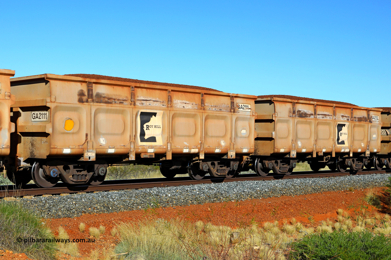 250501 0421
At the 88.448 km, just south of HPPL crossing loop on the Roy Hill line, loaded Roy Hill waggon pair GA 2111 - GA 2112, built in China by CSR Yangtze as an CCK138 model ore waggon. May 1, 2025.
Keywords: GA-type;GA2111-GA2112;CSR-Yangtze;CCK138