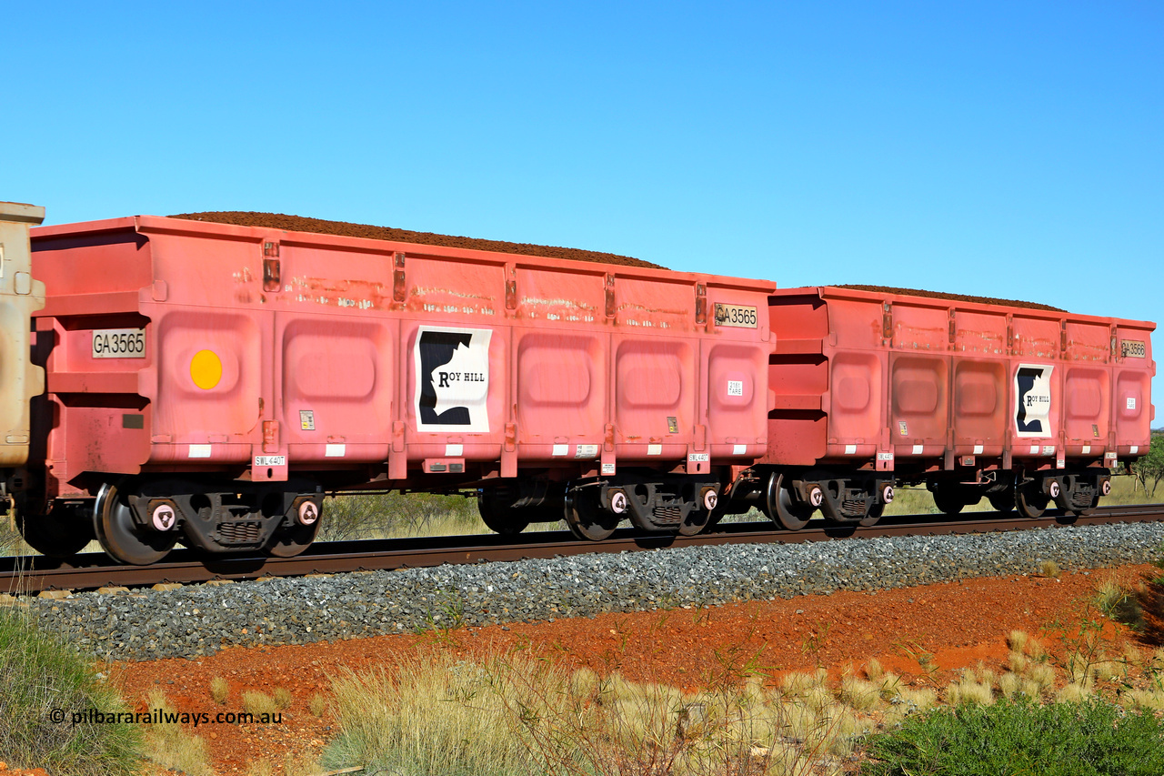 250501 0425
At the 88.448 km, just south of HPPL crossing loop on the Roy Hill line, loaded Roy Hill waggon pair GA 3565 - GA 3566, built in China by CRRC Yangtze as an CCK138 model ore waggon in Breast Cancer Awareness pink livery. May 1, 2025.
Keywords: GA-type;GA3565-GA3566;CRRC-Yangtze;CCK138
