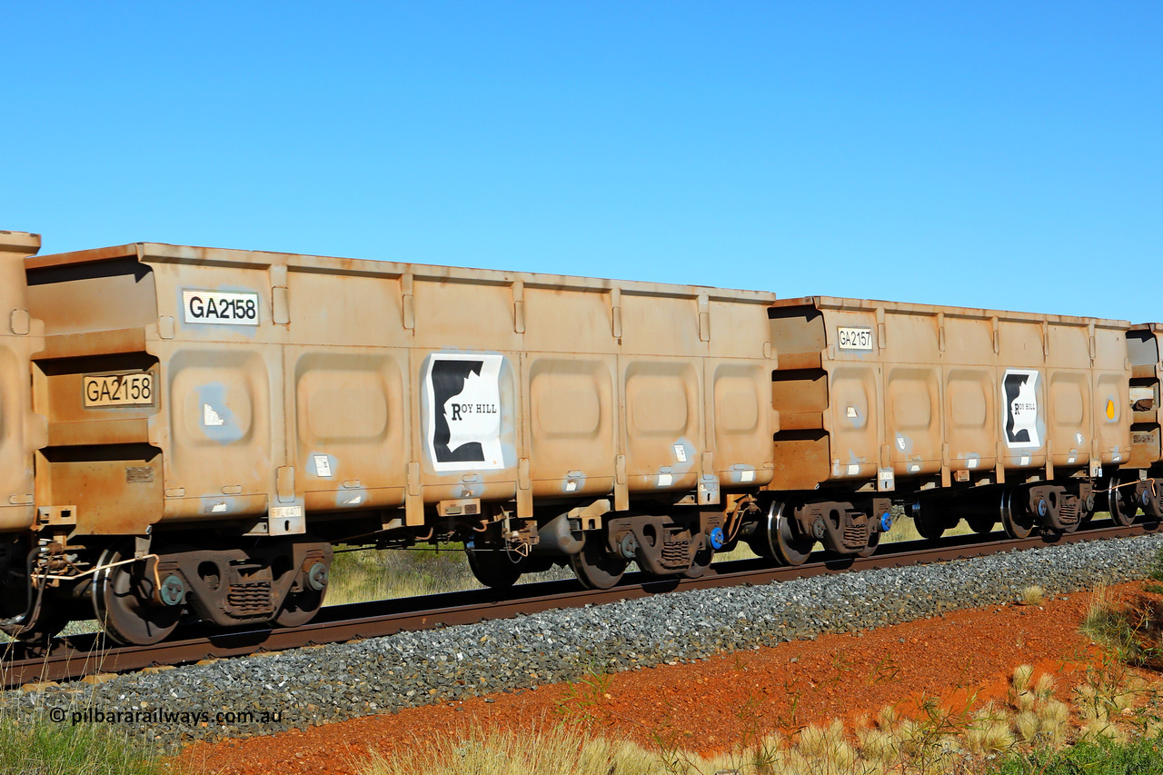 250501 0437
At the 88.448 km, just south of HPPL crossing loop on the Roy Hill line, empty Roy Hill waggon pair GA 2157 - GA 2158, built in China by CSR Yangtze as an CCK138 model ore waggon. May 1, 2025.
Keywords: GA-type;GA2157-GA2158;CSR-Yangtze;CCK138;