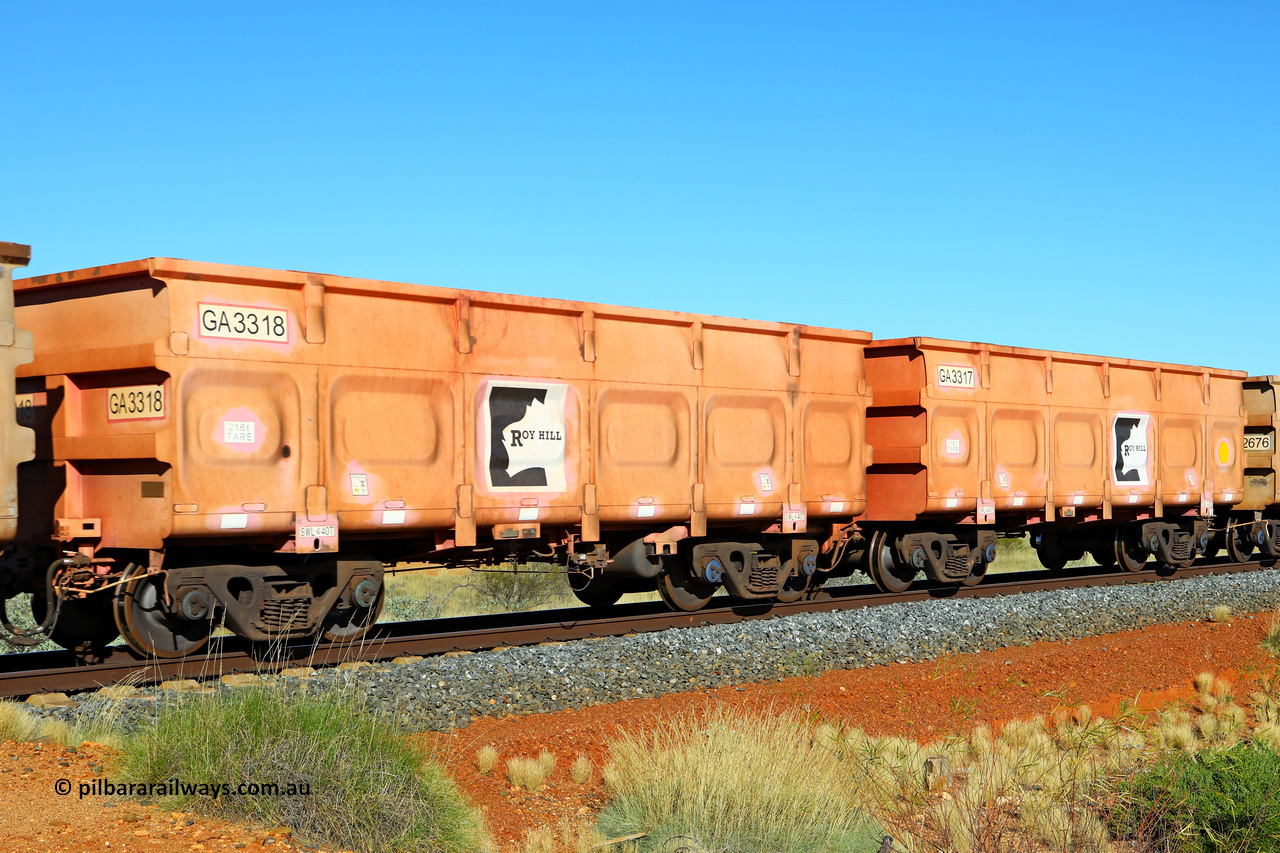 250501 0456
At the 88.448 km, just south of HPPL crossing loop on the Roy Hill line, empty Roy Hill waggon pair GA 3317 - GA 3318, built in China by CRRC Yangtze as an CCK138 model ore waggon in Breast Cancer Awareness pink livery. May 1, 2025.
Keywords: GA-type;GA3317-GA3318;CRRC-Yangtze;CCK138;