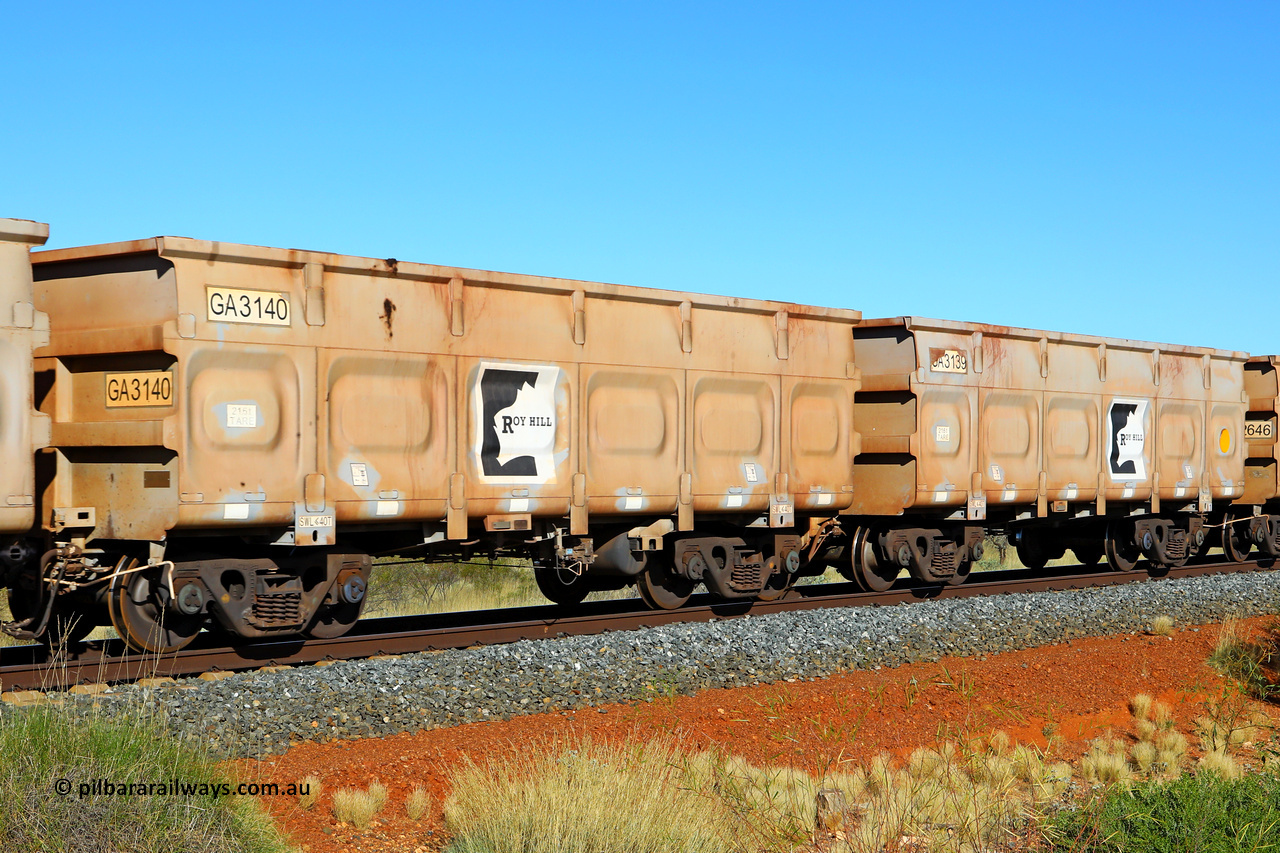 250501 0460
At the 88.448 km, just south of HPPL crossing loop on the Roy Hill line, empty Roy Hill waggon pair GA 3139 - GA 3140, built in China by CSR Yangtze as an CCK138 model ore waggon. May 1, 2025.
Keywords: GA-type;GA3139-GA3140;CSR-Yangtze;CCK138;