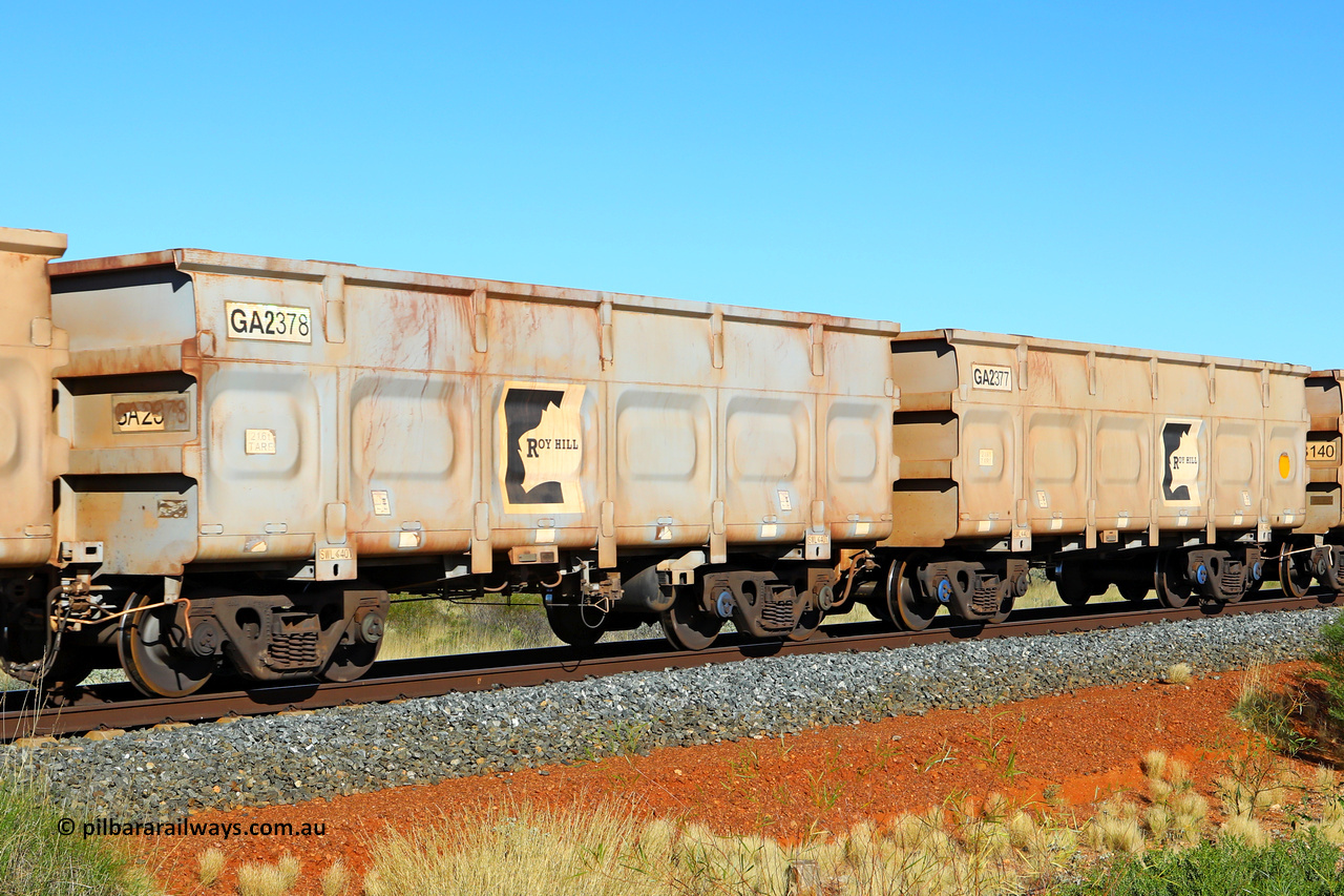 250501 0461
At the 88.448 km, just south of HPPL crossing loop on the Roy Hill line, empty Roy Hill waggon pair GA 2377 - GA 2378, built in China by CSR Yangtze as an CCK138 model ore waggon. May 1, 2025.
Keywords: GA-type;GA2377-GA2378;CSR-Yangtze;CCK138;