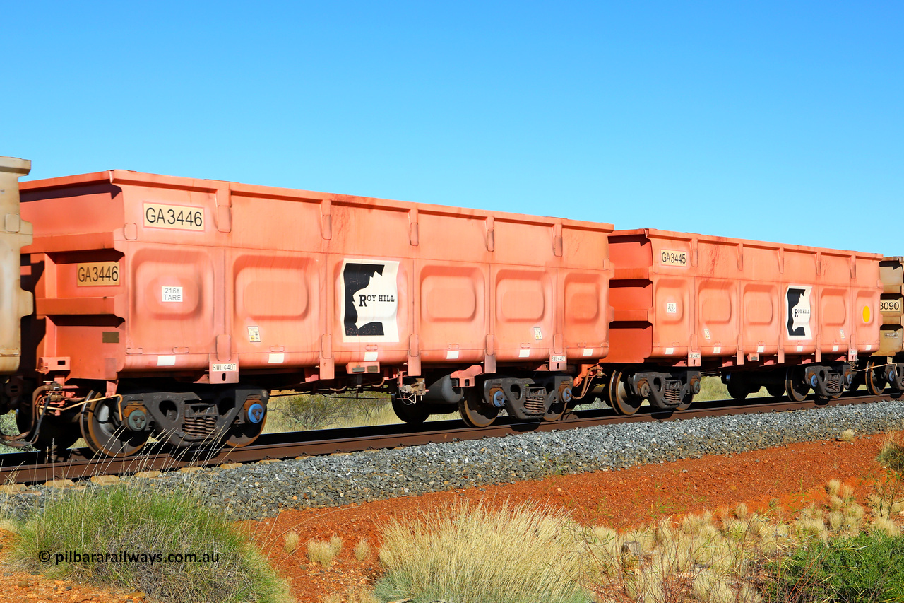 250501 0473
At the 88.448 km, just south of HPPL crossing loop on the Roy Hill line, empty Roy Hill waggon pair GA 3445 - GA 3446, built in China by CRRC Yangtze as an CCK138 model ore waggon in Breast Cancer Awareness pink livery. May 1, 2025.
Keywords: GA-type;GA3445-GA3446;CRRC-Yangtze;CCK138;