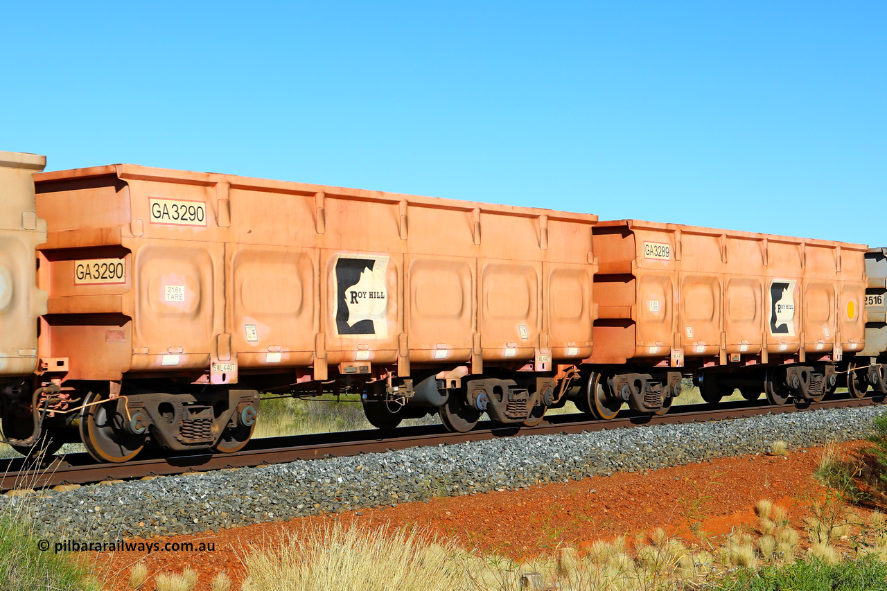 250501 0479
At the 88.448 km, just south of HPPL crossing loop on the Roy Hill line, empty Roy Hill waggon pair GA 3289 - GA 3290, built in China by CRRC Yangtze as an CCK138 model ore waggon in Breast Cancer Awareness pink livery. May 1, 2025.
Keywords: GA-type;GA3289-GA3290;CRRC-Yangtze;CCK138