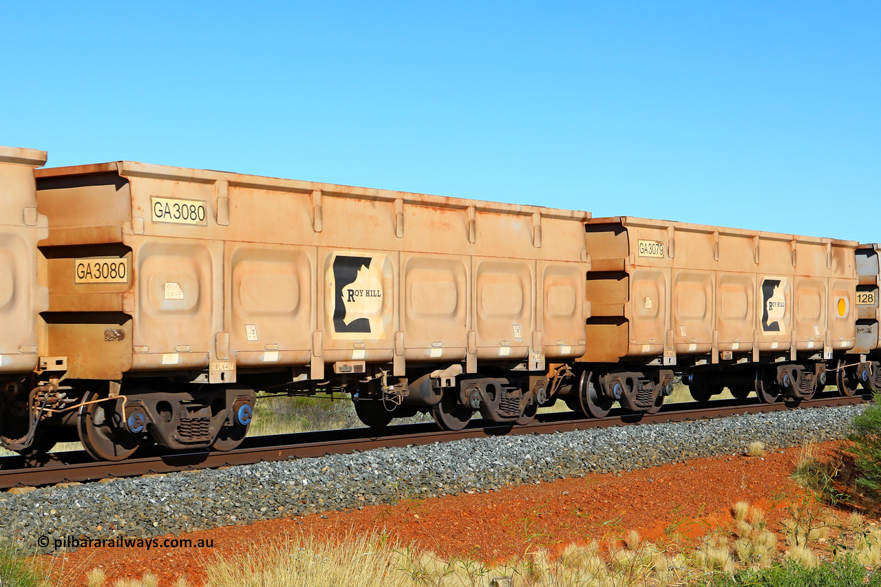 250501 0489
At the 88.448 km, just south of HPPL crossing loop on the Roy Hill line, empty Roy Hill waggon pair GA 3079 - GA 3080, built in China by CSR Yangtze as an CCK138 model ore waggon. May 1, 2025.
Keywords: GA-type;GA3079-GA3080;CSR-Yangtze;CCK138