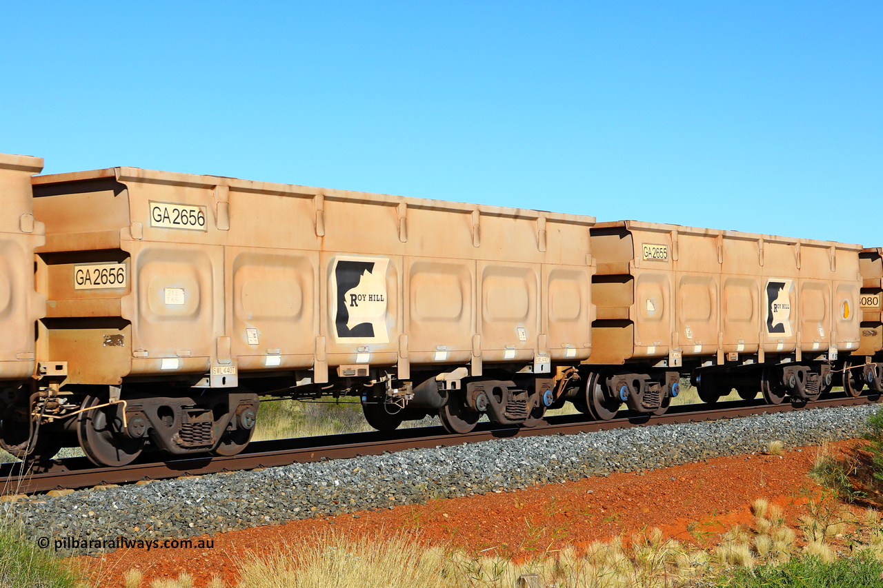 250501 0490
At the 88.448 km, just south of HPPL crossing loop on the Roy Hill line, empty Roy Hill waggon pair GA 2655 - GA 2656, built in China by CSR Yangtze as an CCK138 model ore waggon. May 1, 2025.
Keywords: GA-type;GA2655-GA2656;CSR-Yangtze;CCK138