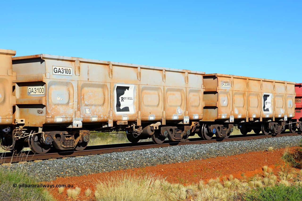 250501 0499
At the 88.448 km, just south of HPPL crossing loop on the Roy Hill line, empty Roy Hill waggon pair GA 3099 - GA 3100, built in China by CSR Yangtze as an CCK138 model ore waggon. May 1, 2025.
Keywords: GA-type;GA3099-GA3100;CSR-Yangtze;CCK138;