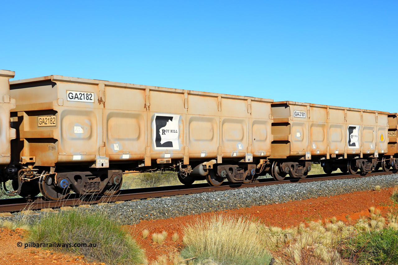 250501 0501
At the 88.448 km, just south of HPPL crossing loop on the Roy Hill line, empty Roy Hill waggon pair GA 2181 - GA 2182, built in China by CSR Yangtze as an CCK138 model ore waggon. May 1, 2025.
Keywords: GA-type;GA2181-GA2182;CSR-Yangtze;CCK138;