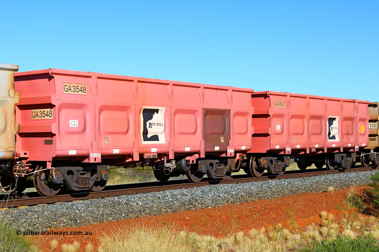 250501 0505
At the 88.448 km, just south of HPPL crossing loop on the Roy Hill line, empty Roy Hill waggon pair GA 3547 - GA 3548, built in China by CRRC Yangtze as an CCK138 model ore waggon in Breast Cancer Awareness pink livery. May 1, 2025
Keywords: GA-type;GA3547-GA3548;CRRC-Yangtze;CCK138;