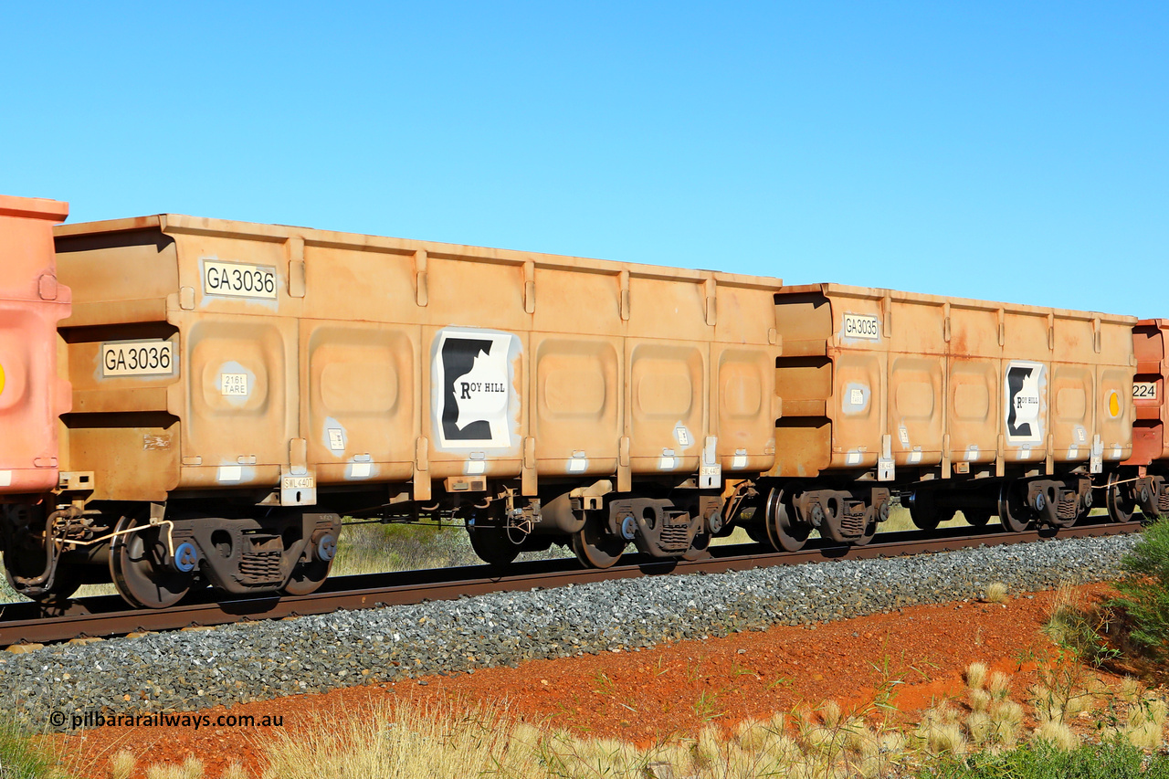 250501 0516
At the 88.448 km, just south of HPPL crossing loop on the Roy Hill line, empty Roy Hill waggon pair GA 3035 - GA 3036, built in China by CSR Yangtze as an CCK138 model ore waggon. May 1, 2025.
Keywords: GA-type;GA3035-GA3036;CSR-Yangtze;CCK138;