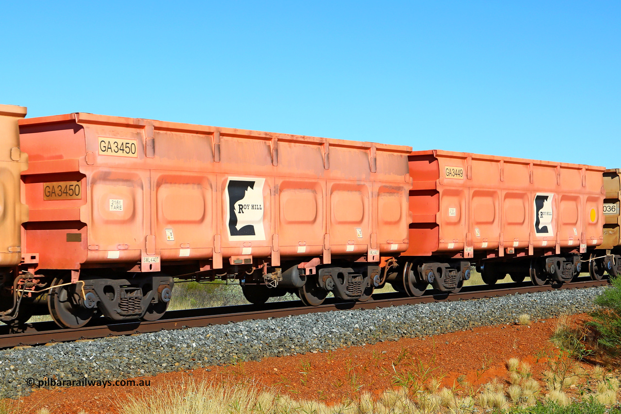250501 0517
At the 88.448 km, just south of HPPL crossing loop on the Roy Hill line, empty Roy Hill waggon pair GA 3449 - GA 3450, built in China by CRRC Yangtze as an CCK138 model ore waggon in Breast Cancer Awareness pink livery. May 1, 2025
Keywords: GA-type;GA3449-GA3450;CRRC-Yangtze;CCK138;