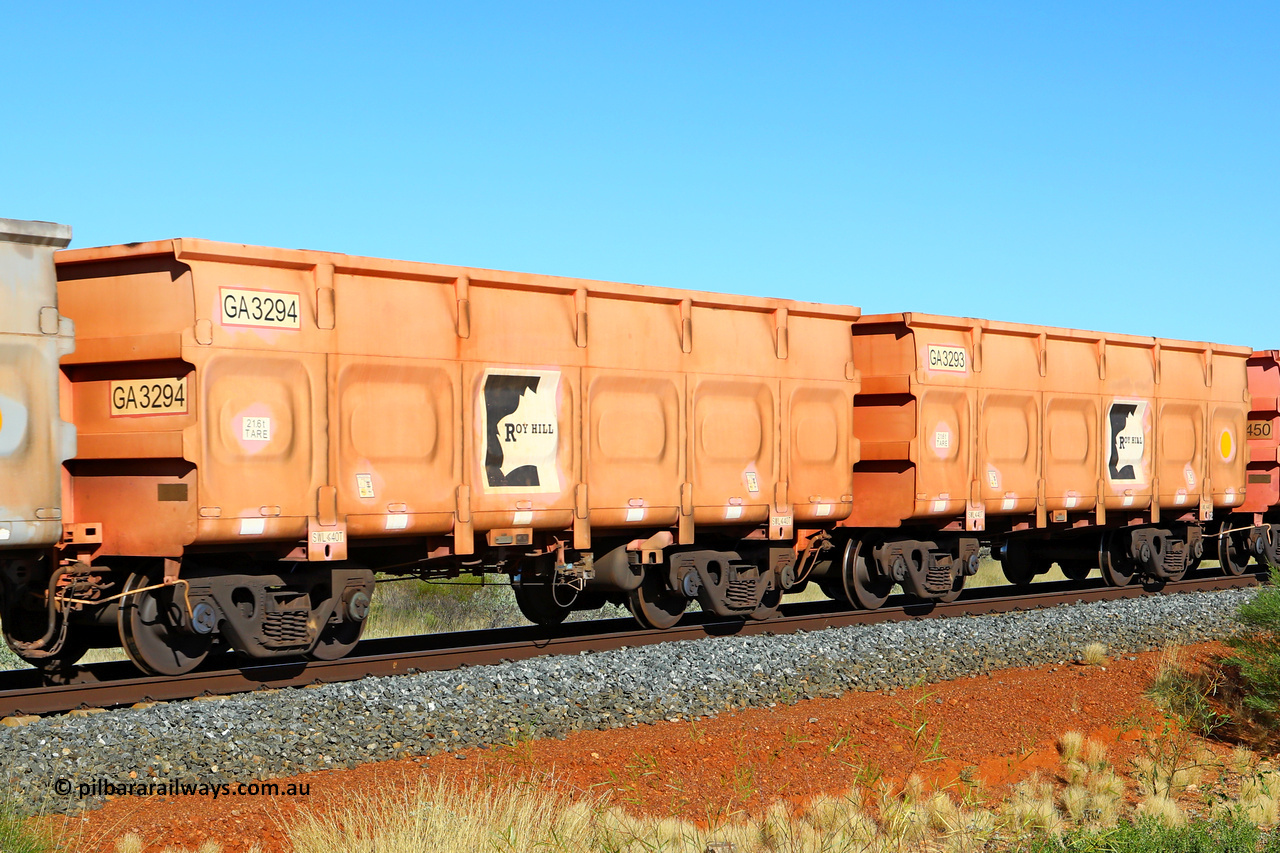 250501 0518
At the 88.448 km, just south of HPPL crossing loop on the Roy Hill line, empty Roy Hill waggon pair GA 3293 - GA 3294, built in China by CRRC Yangtze as an CCK138 model ore waggon in Breast Cancer Awareness pink livery. May 1, 2025
Keywords: GA-type;GA3293-GA3294;CRRC-Yangtze;CCK138;