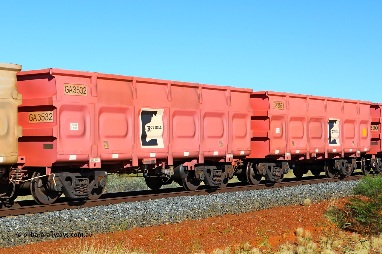 250501 0525
At the 88.448 km, just south of HPPL crossing loop on the Roy Hill line, empty Roy Hill waggon pair GA 3531 - GA 3532, built in China by CRRC Yangtze as an CCK138 model ore waggon in Breast Cancer Awareness pink livery. May 1, 2025
Keywords: GA-type;GA3531-GA3532;CRRC-Yangtze;CCK138;