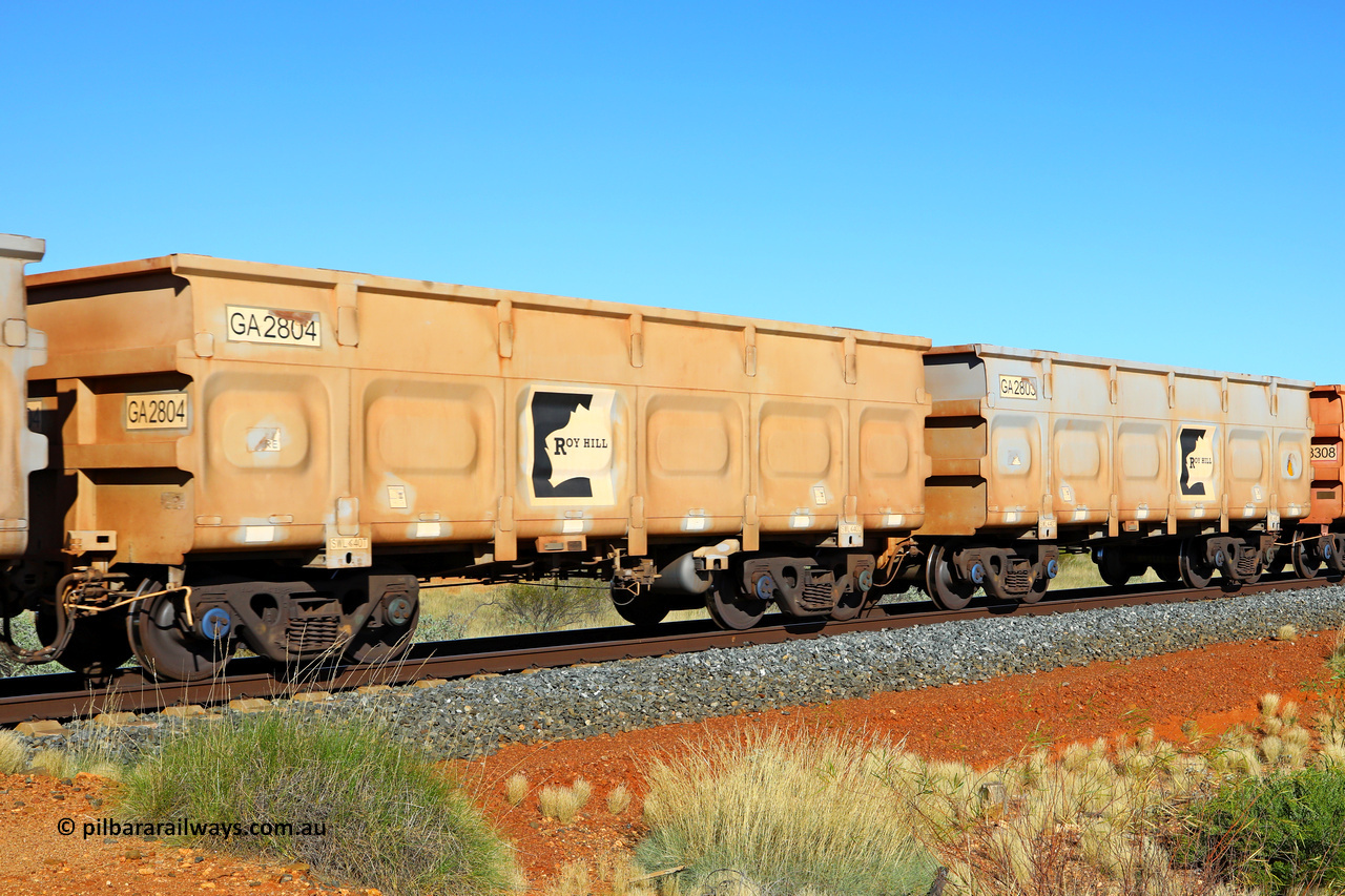 250501 0542
At the 88.448 km, just south of HPPL crossing loop on the Roy Hill line, empty Roy Hill waggon pair GA 2803 - GA 2804, built in China by CSR Yangtze as an CCK138 model ore waggon. May 1, 2025.
Keywords: GA-type;GA2803-GA2804;CSR-Yangtze;CCK138