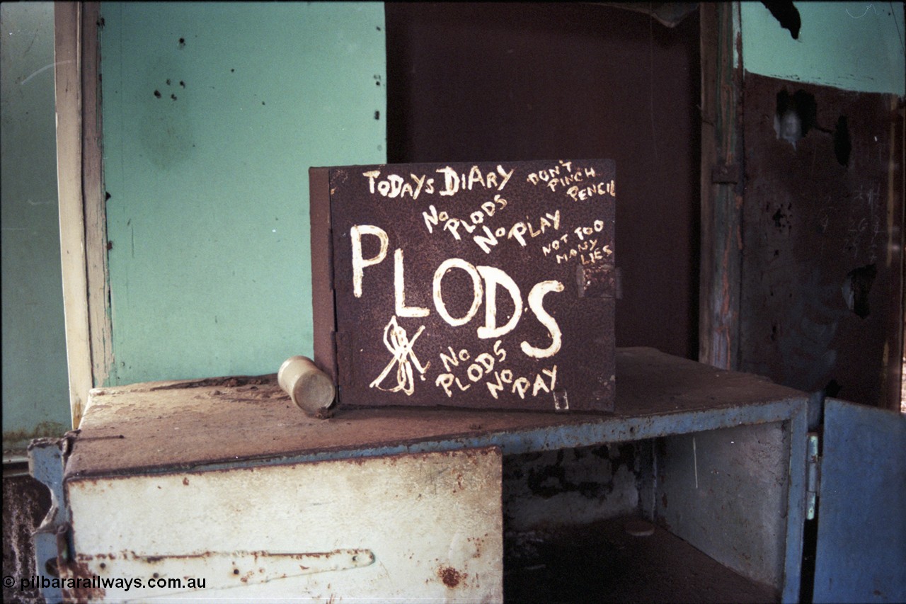 194-05
Wittenoom Gorge, Colonial Mine, asbestos mining remains, located in the underground shift office area, the PLOD box, a slang term that any underground driller / miner would understand, daily activity log, time card or time sheet, some people think it means 'Please Leave On Dash'.
