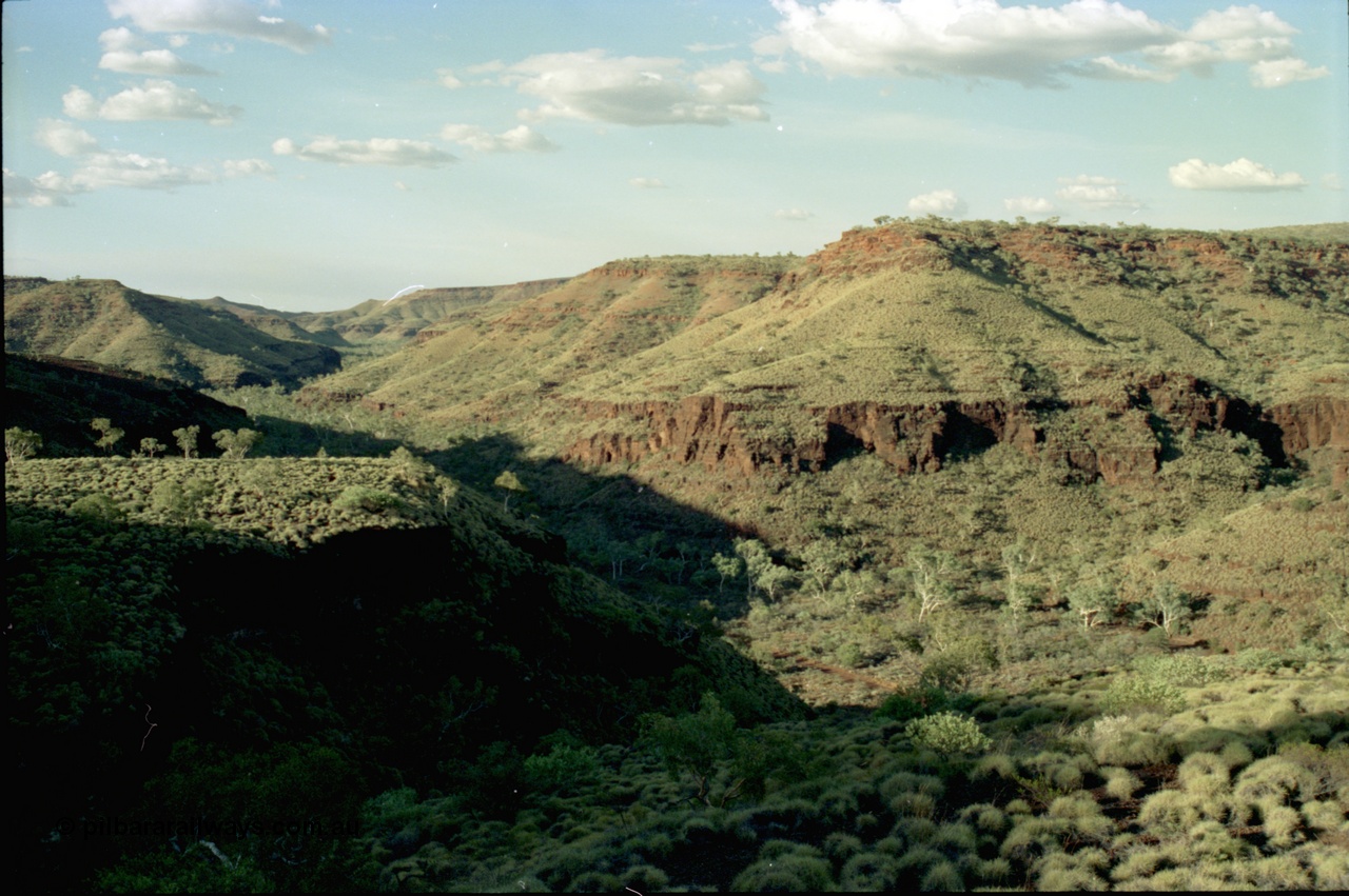 195-06
Wittenoom, Bee Gorge, view from top of cat walk looking north, track can be made out in the bottom of gorge.
