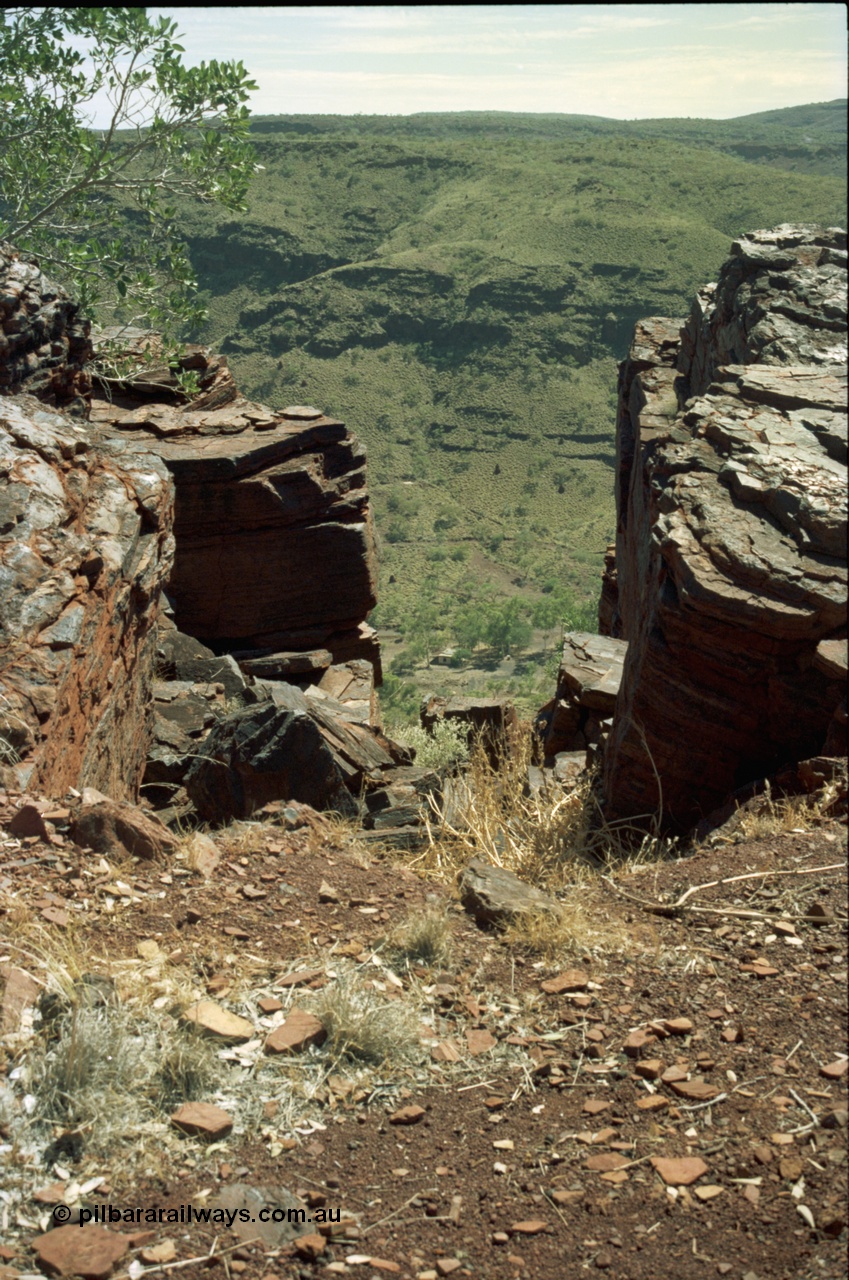 195-21
Wittenoom Gorge, view of the former market garden area and house remains, viewed from the cat walk on the western wall of the gorge.
