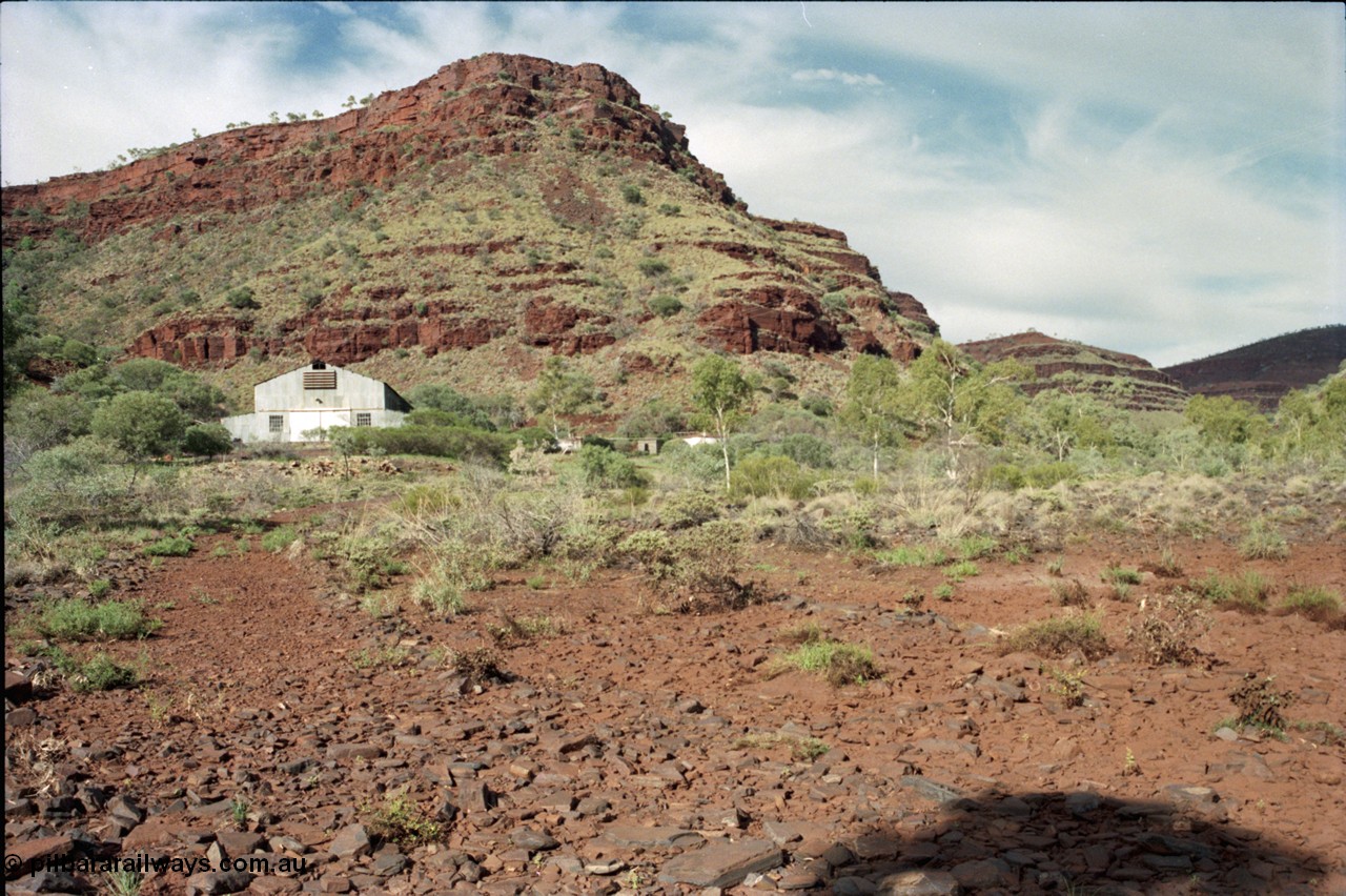 196-18
Wittenoom Gorge, view from Joffre Creek looking at the power station generator hall, the Gorge Mine is located further up Wittenoom Gorge to the right towards Karijini National Park.
