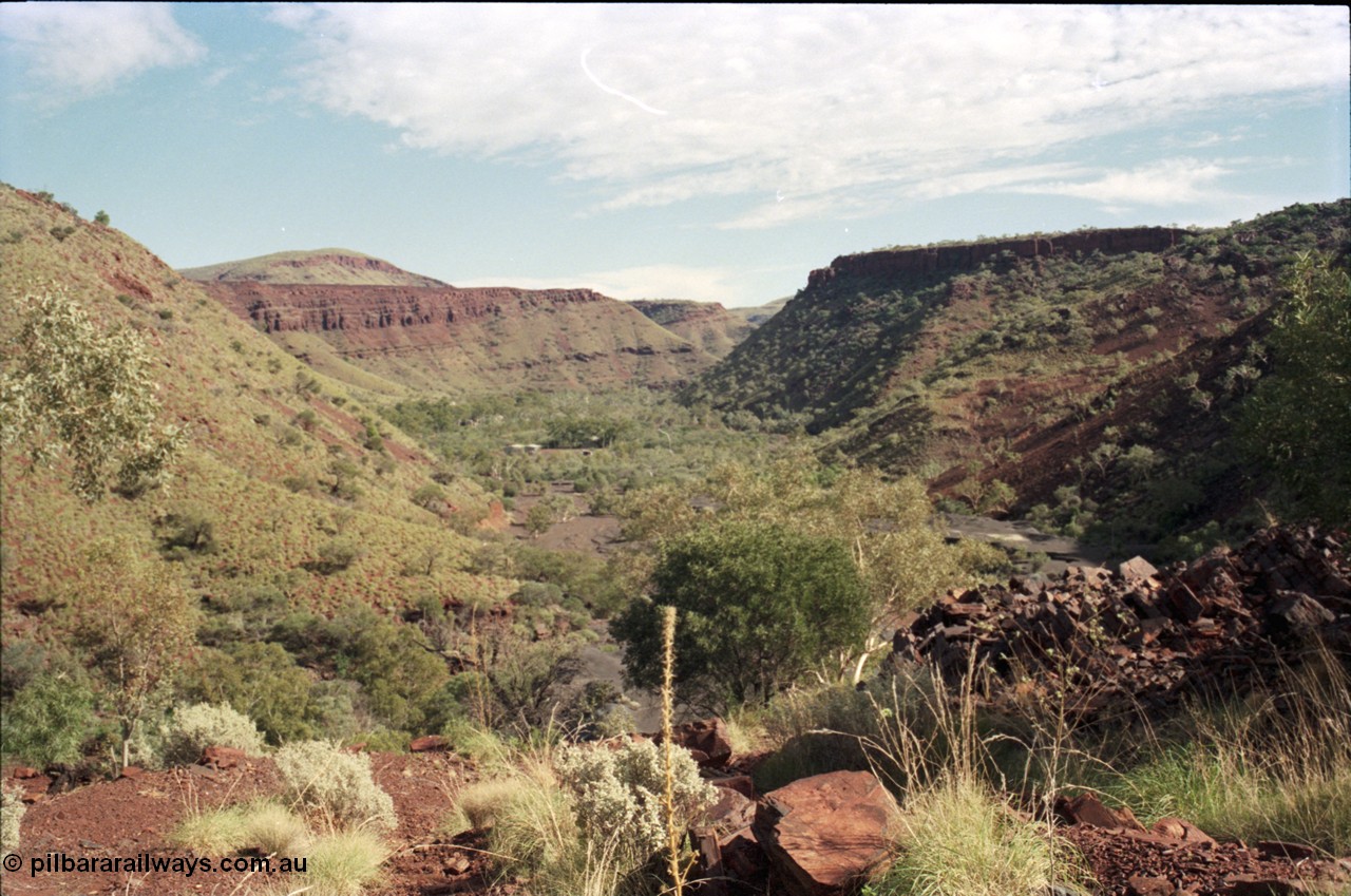 196-23
Wittenoom Gorge, Gorge Mine area, asbestos mining remains, looking north out of East Gorge towards the power station site.
