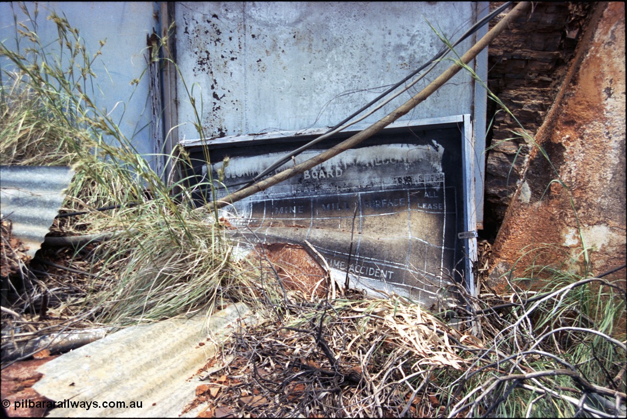 197-21
Wittenoom, Colonial Mine, asbestos mining remains, view of the accident statistic board located at the main mine adit.
