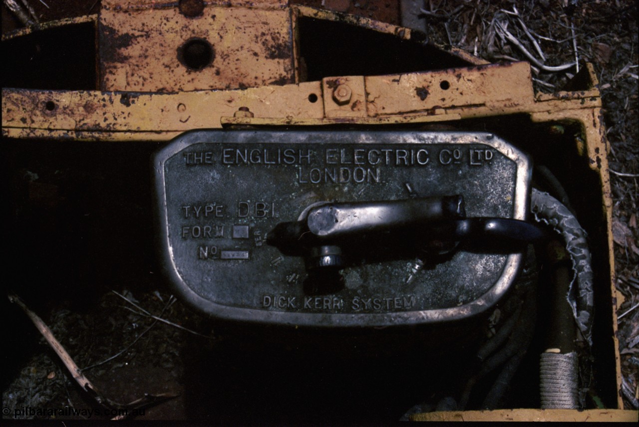 197-24
Wittenoom, Colonial Mine, top of control stand for locomotive with No.1 battery box, English Electric Co. D.B.1. Form M3, Dick Kerr System, commonly referred to as the Dick Kerr DB1 controller.
Keywords: Dick-Kerr;DB1;English-Electric;