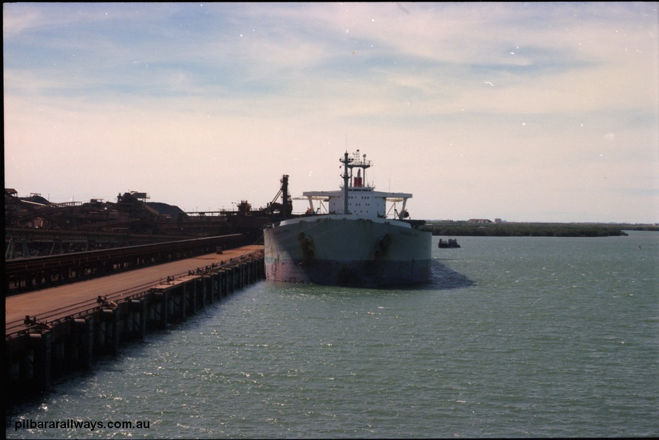 198-34
Port Hedland Port, BHP Nelson Point view of Berth B with vessel being loaded by Shiploader One.
