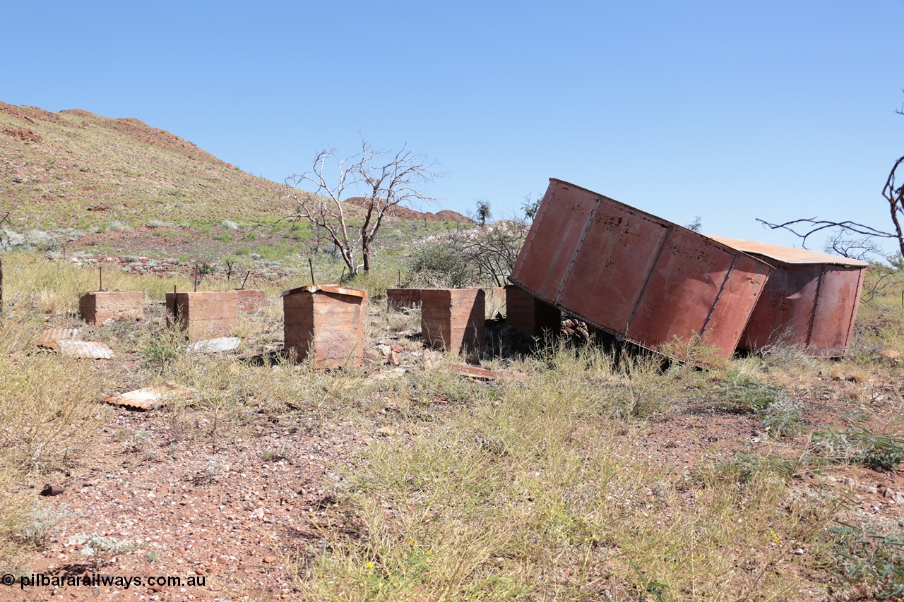 140517-4315
Eginbah Siding area, of the Marble Bar railway, former locomotive watering stop alongside the Talga River (closed in 1951), view of the tanks and concrete stands, the line alignment can just be made out in the background. [url=https://goo.gl/maps/9JAMk1eqwLH2]Location here[/url].
