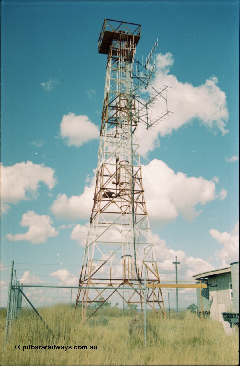 203-27
Drillers Ridge, Wittenoom, the DME (Distance Measuring Equipment) tower was a navigation aid for the Department of Civil Aviation for the Wittenoom airport, the site was also used by Telecom for providing 'radio links' for phones into Wittenoom prior to the current tower located at the eastern edge of town which links back to Auski Roadhouse.
