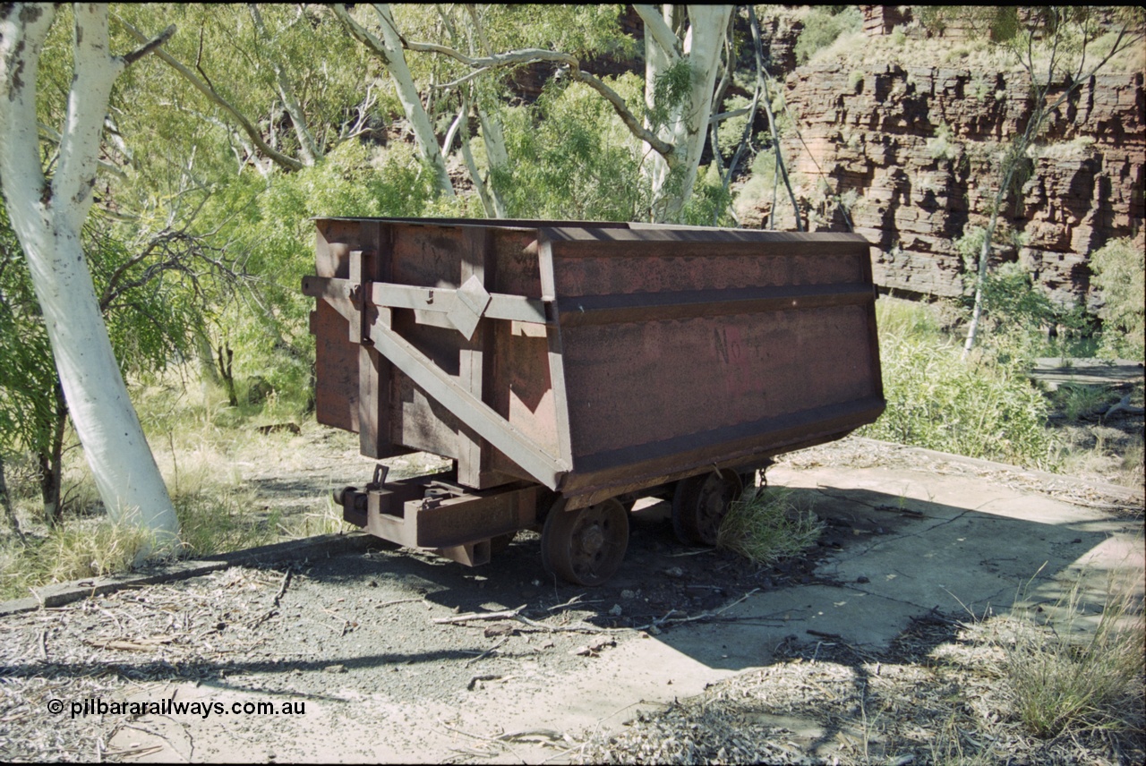 204-23
Wittenoom Gorge Mine, remains of asbestos mining, underground tipping ore car, shows side doo that opens when tipped to allow ore out of car.
