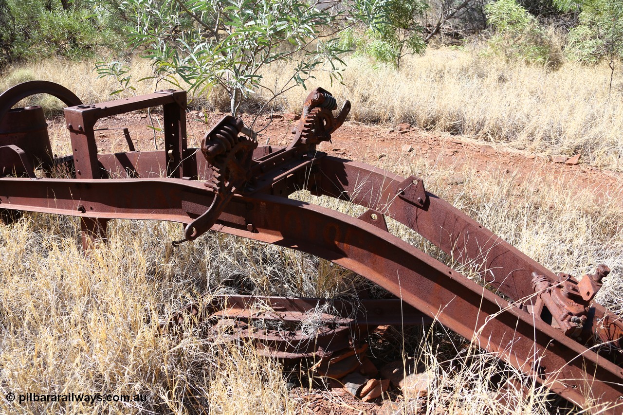160103 9839
Located in the bush near Colonial Mill is this relic of a Fordson One Man Power Grader originally supplied by Lynas Motors Ltd. An old newspaper article on these graders can be found [url=http://www.trove.nla.gov.au/ndp/del/page/4440149] here [/url]. Geodata: [url=https://goo.gl/maps/zwzb6Rchkzj] -22.3057767 118.3247750 [/url].
Keywords: Lynas-Motors-Ltd;Fordson-Power-Grader;