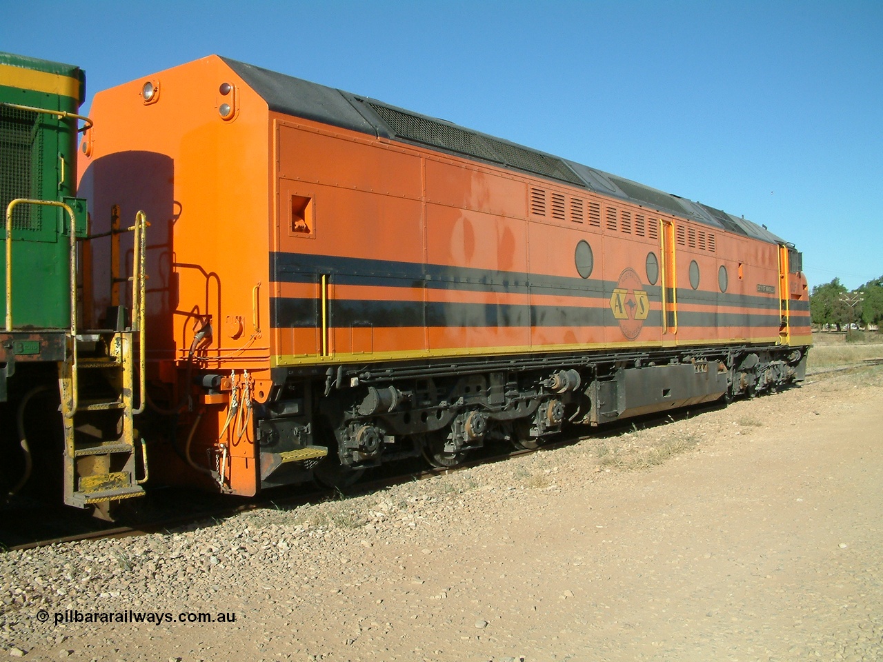 030403 162220
Crystal Brook, view from rear of CLF class leader CLF 1 'City of Whyalla' serial 93-AN-1, rebuilt by MKA to EMD model AT26C-2M from CL class unit CL 2 in 1993. 3rd April 2003.
Keywords: CLF-class;CLF1;MKA;EMD;AT26C-2M;93-AN-1;rebuild;CL-class;CL2;Clyde-Engineering;EMD;AT26C;70-694;